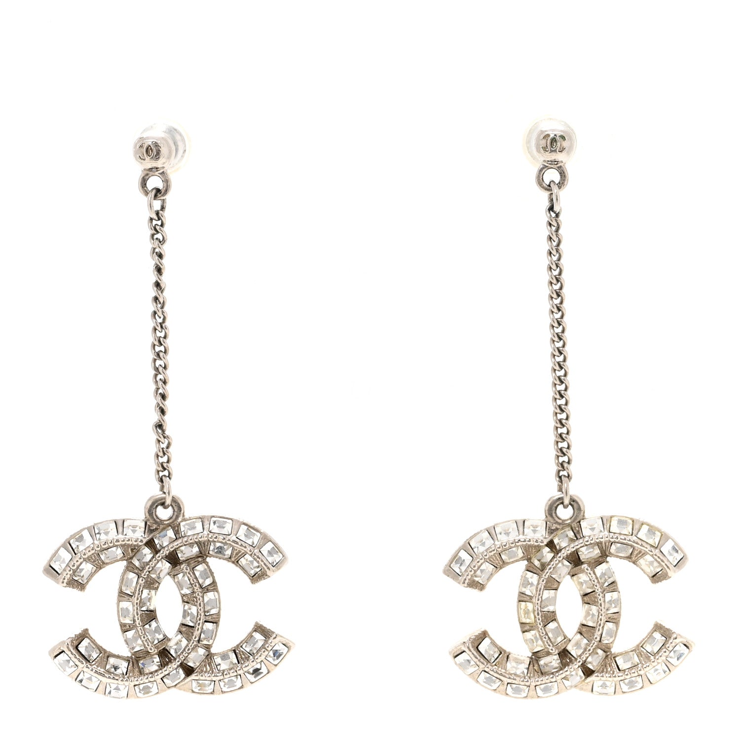 Chanel Baguette Crystal CC Drop Earrings Silver 1 of 4