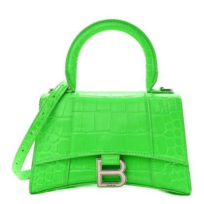 Balenciaga Shiny Calfskin Crocodile Embossed Hourglass Top Handle Bag XS Fluo Green 1 of 12