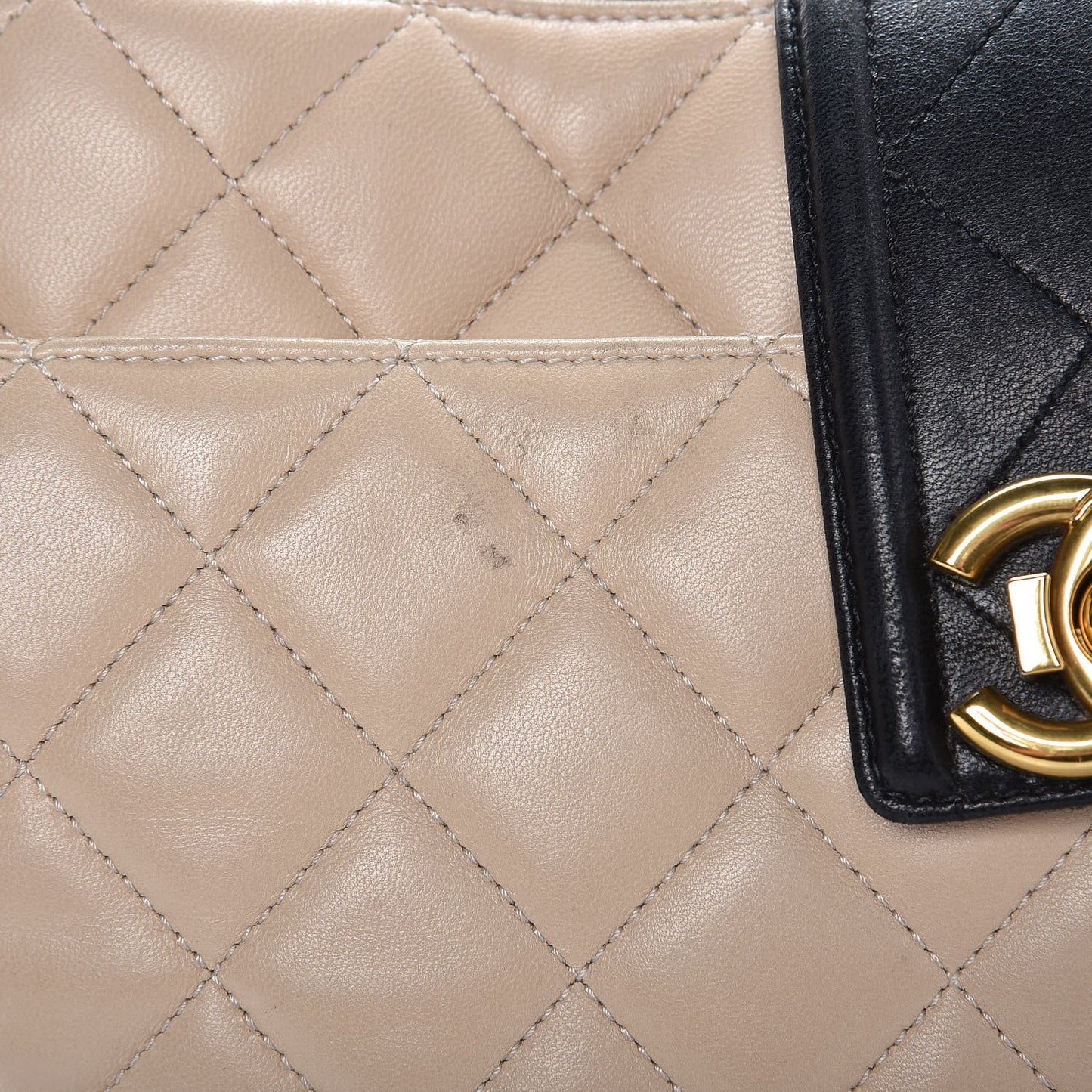 Lambskin Quilted Elegant CC Shopping Tote Beige Black