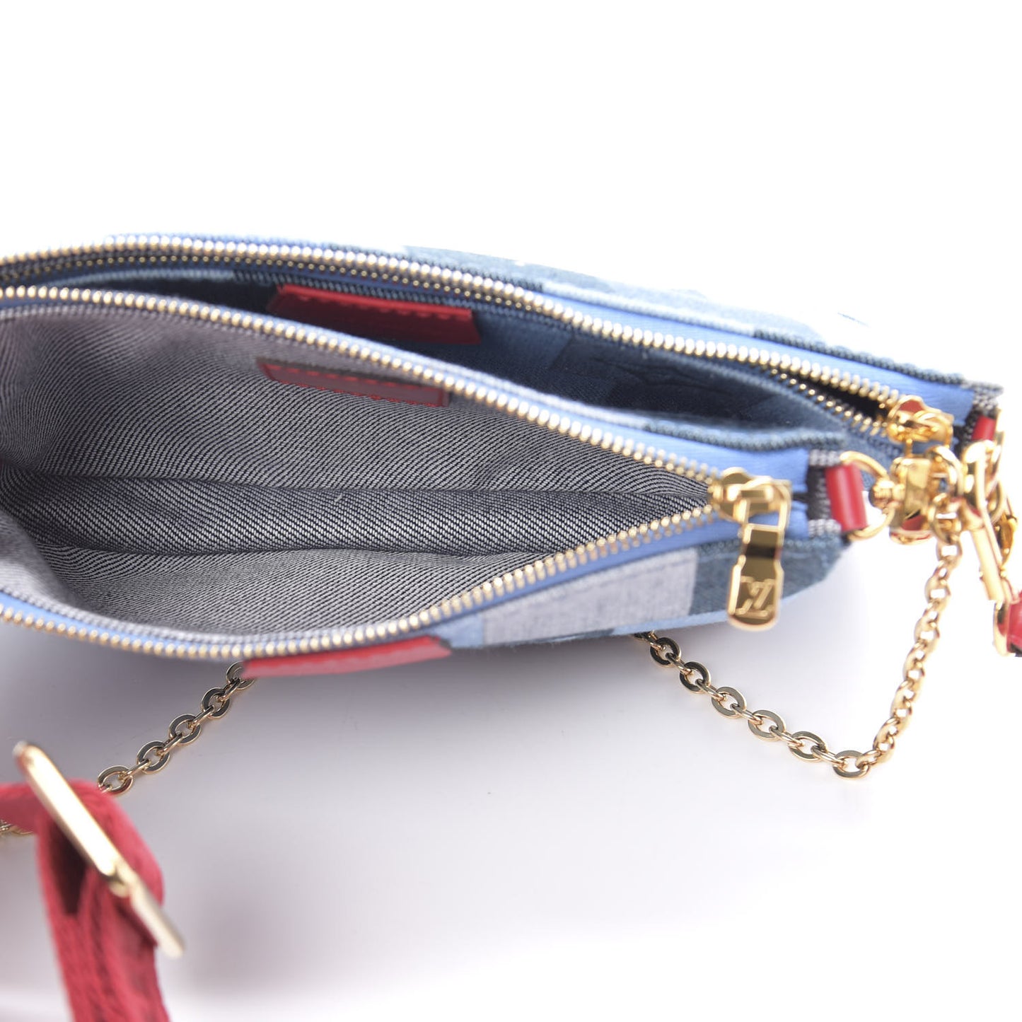 Denim Damier Monogram Patchwork Multi Pochette Accessories Blue Rouge