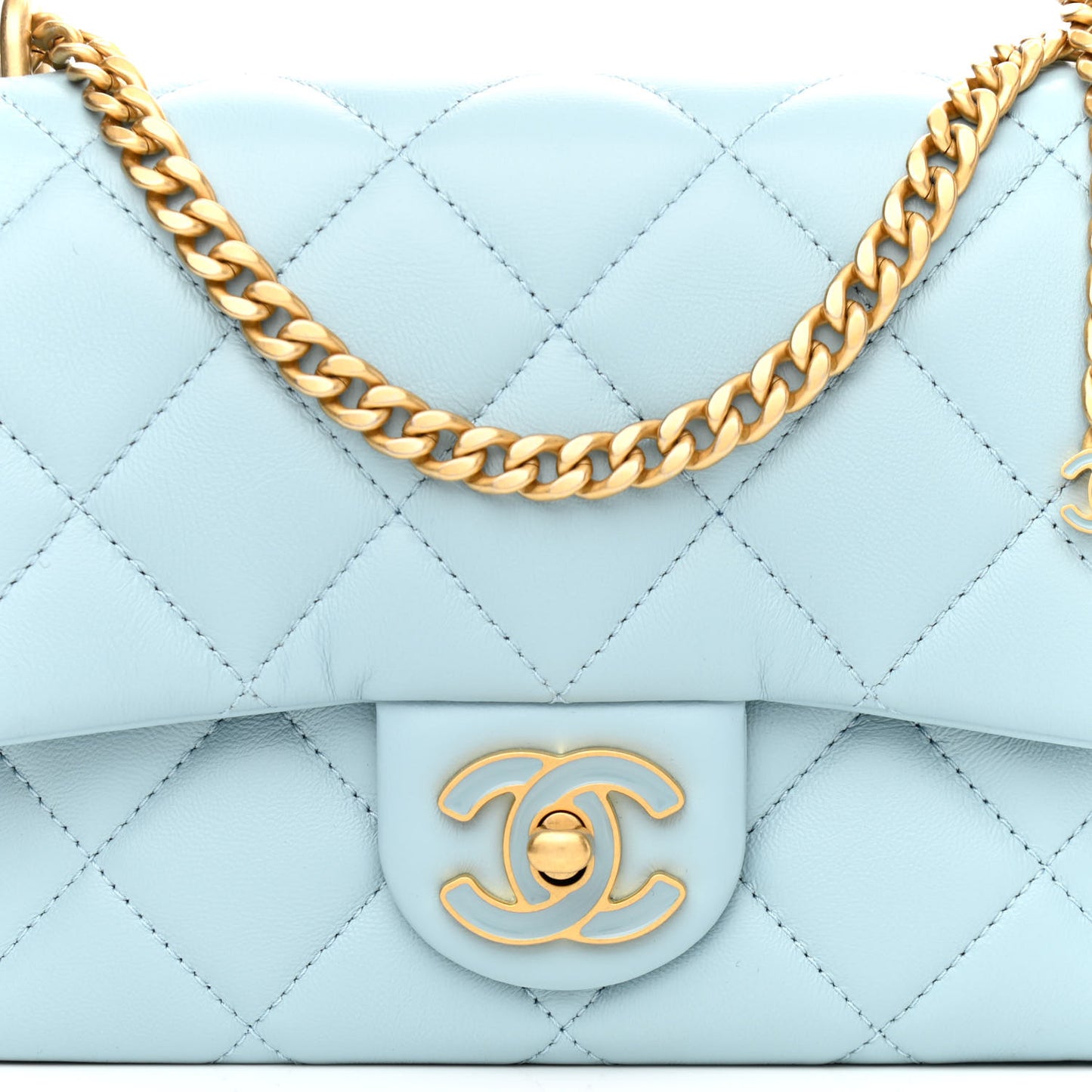 Lambskin Enamel Quilted Pending CC Small Flap Light Blue