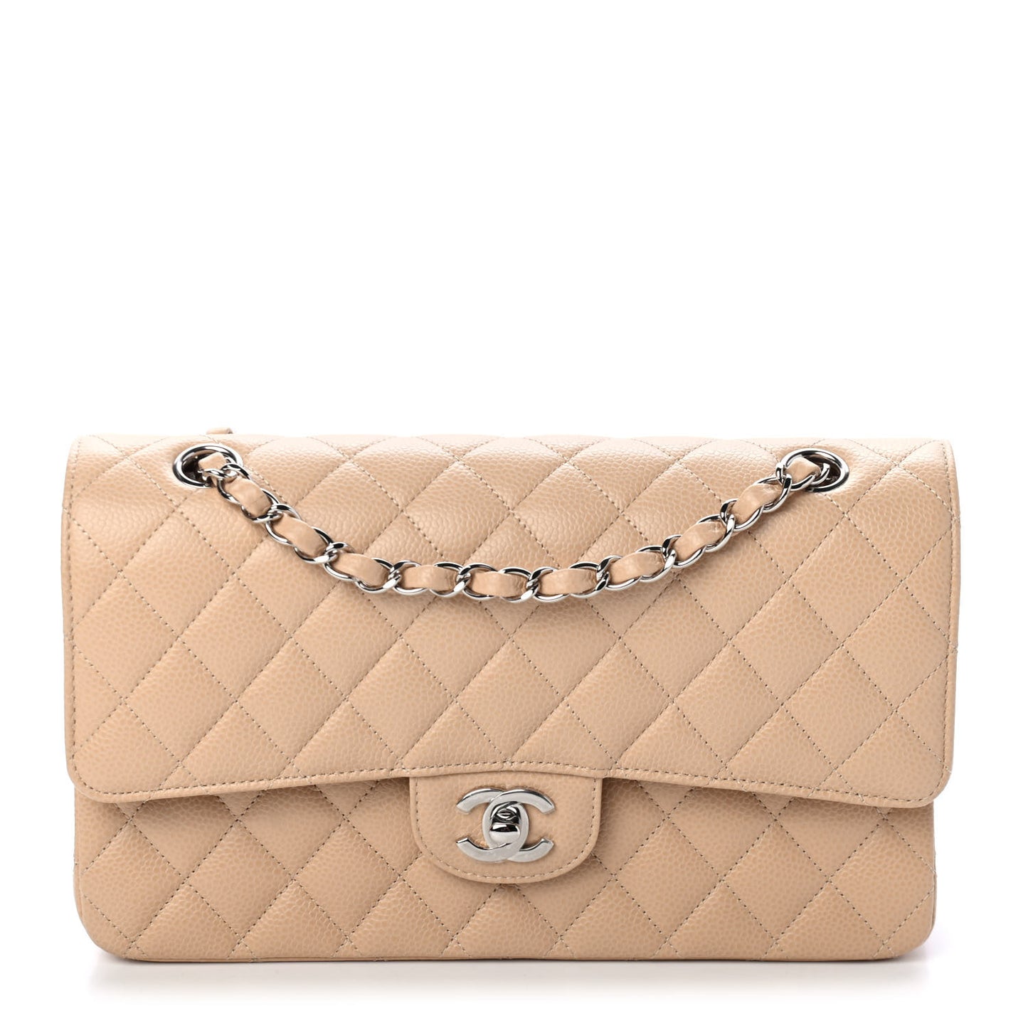 Caviar Quilted Medium Double Flap Beige