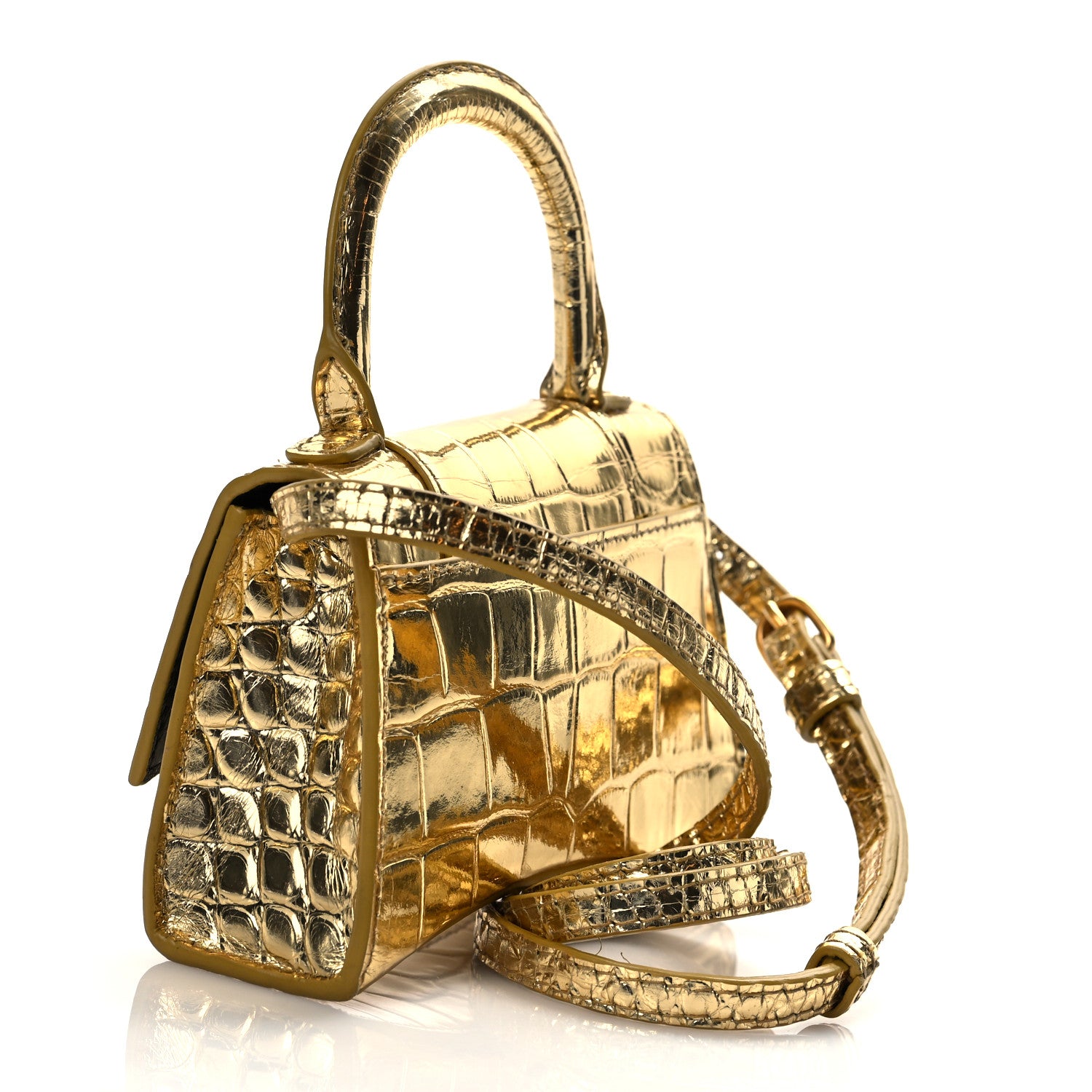 Balenciaga Metallic Calfskin Crocodile Embossed Hourglass Top Handle Bag Mini Gold 3 of 9