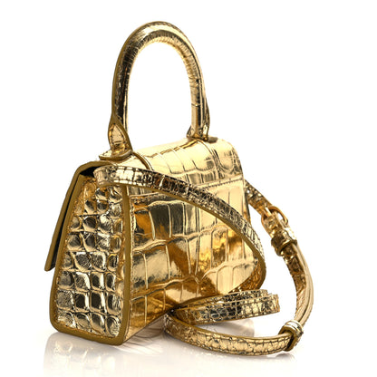 Balenciaga Metallic Calfskin Crocodile Embossed Hourglass Top Handle Bag Mini Gold 3 of 9