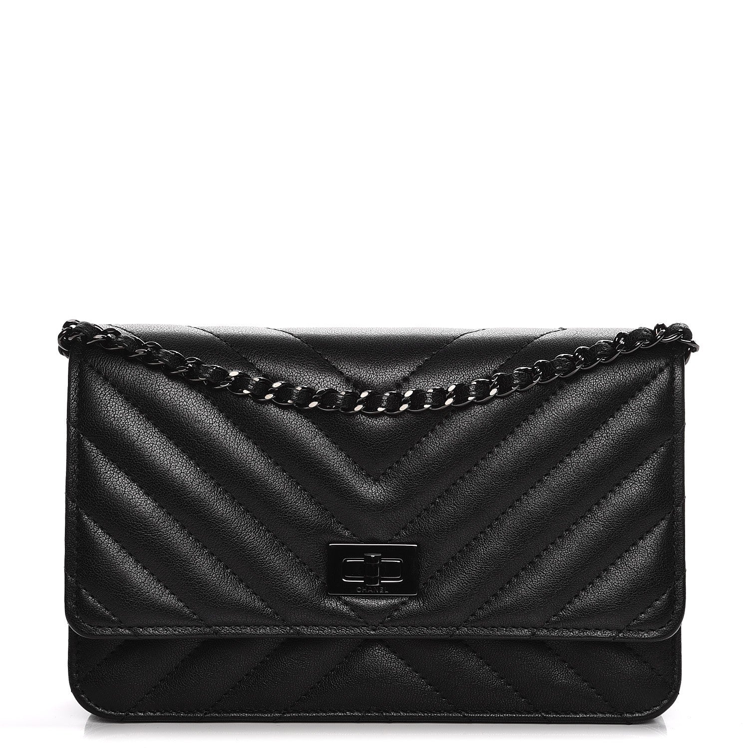 Chanel Sheepskin Chevron Reissue Wallet On Chain WOC So Black 1 of 9