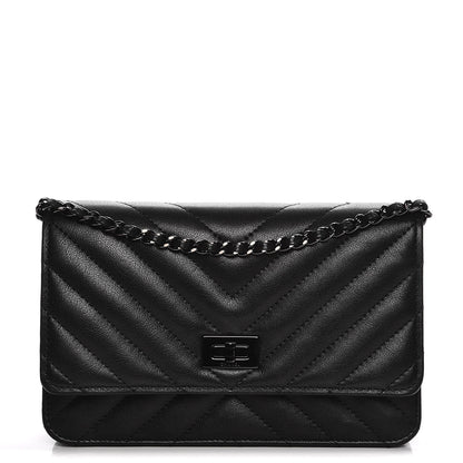 Chanel Sheepskin Chevron Reissue Wallet On Chain WOC So Black 1 of 9