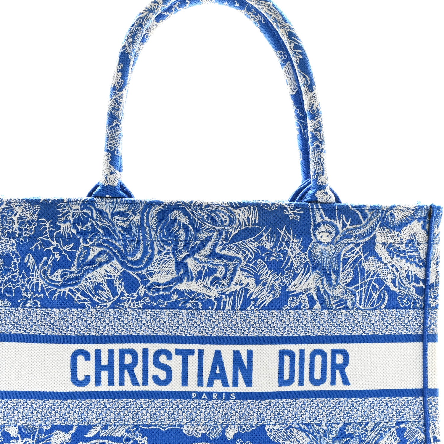 Christian Dior Canvas Embroidered Medium Dioriviera Toile De Jouy Book Tote Fluorescent Blue 8 of 11