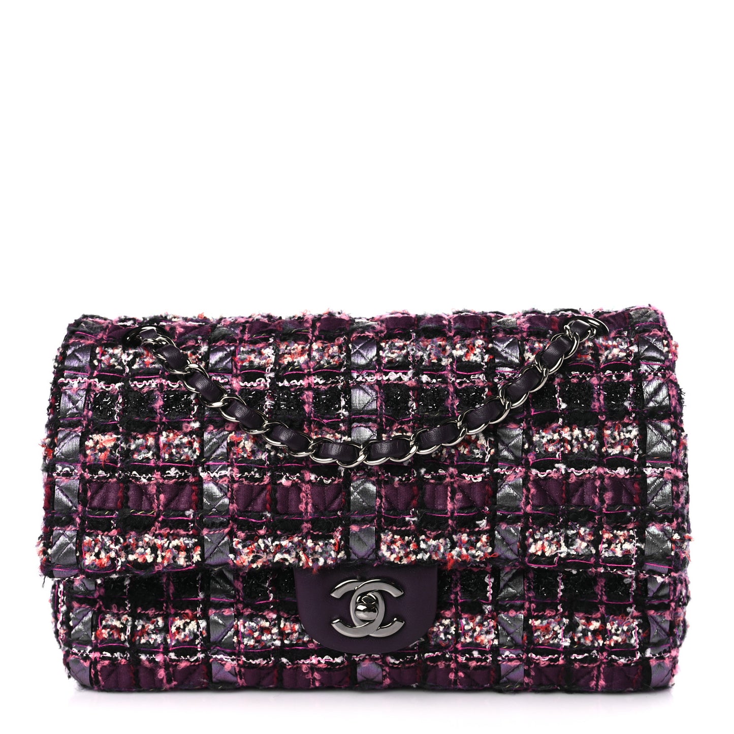 Tweed Quilted Medium Double Flap Dark Purple