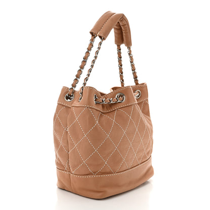 Chanel Lambskin Contrast Stitch Small Drawstring Tote Dark Beige 3 of 10