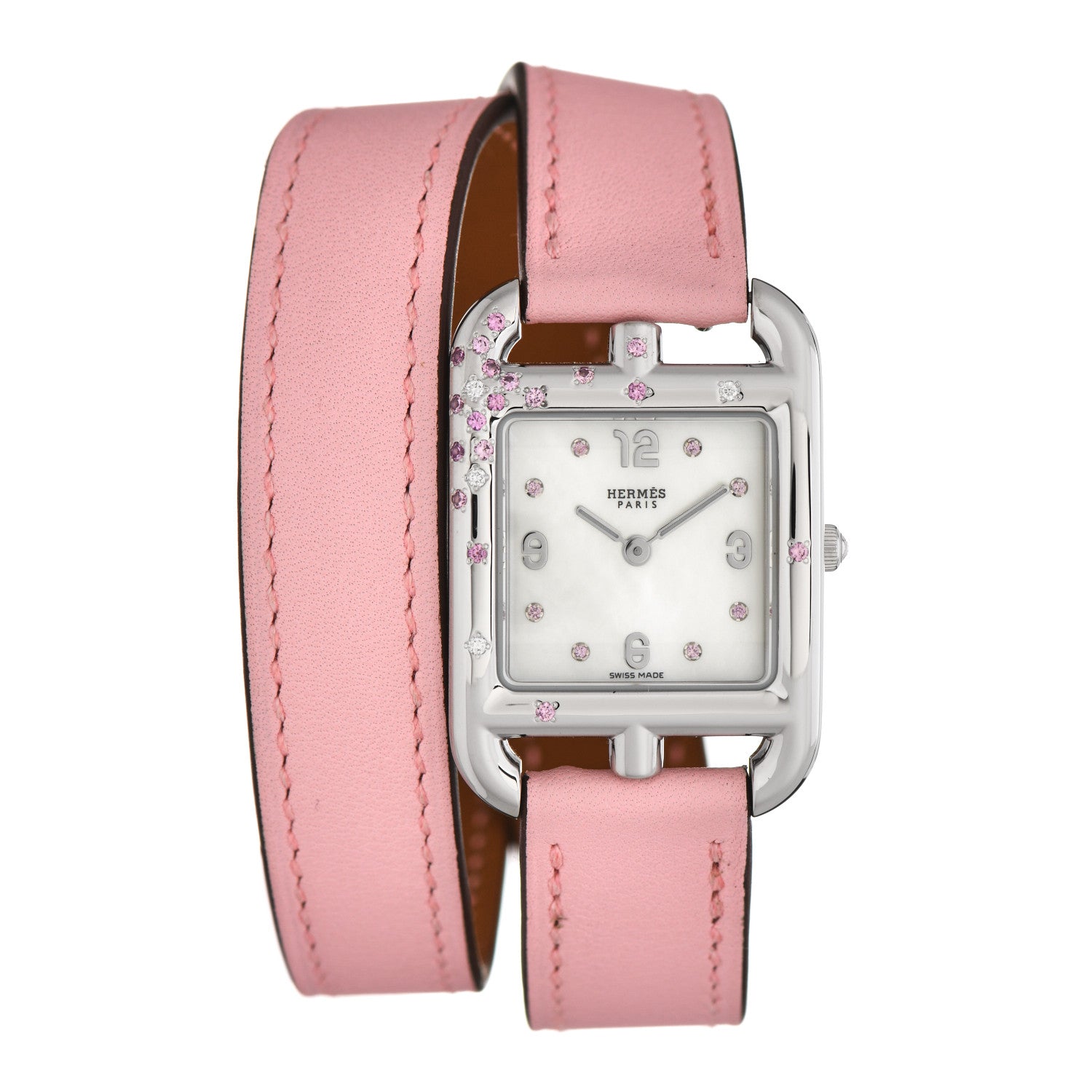 Hermes Stainless Steel Swift Diamond Pink Sapphire Mother of Pearl 23mm Cape Cod Double Tour Quartz Watch Rose Sakura 1 of 5