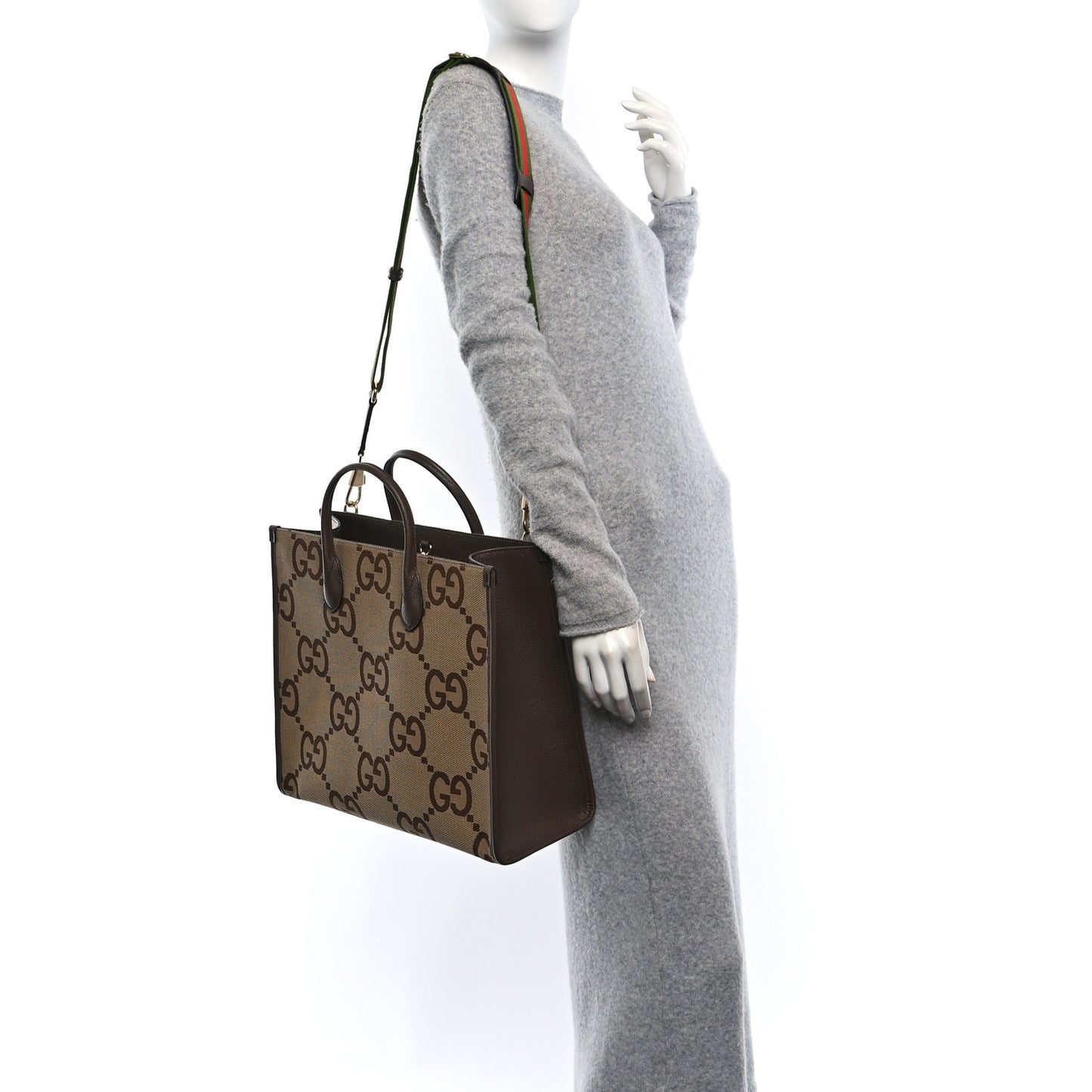 Monogram Jumbo GG Textured Dollar Calfskin Web Tote Bag Camel Ebony New Acero