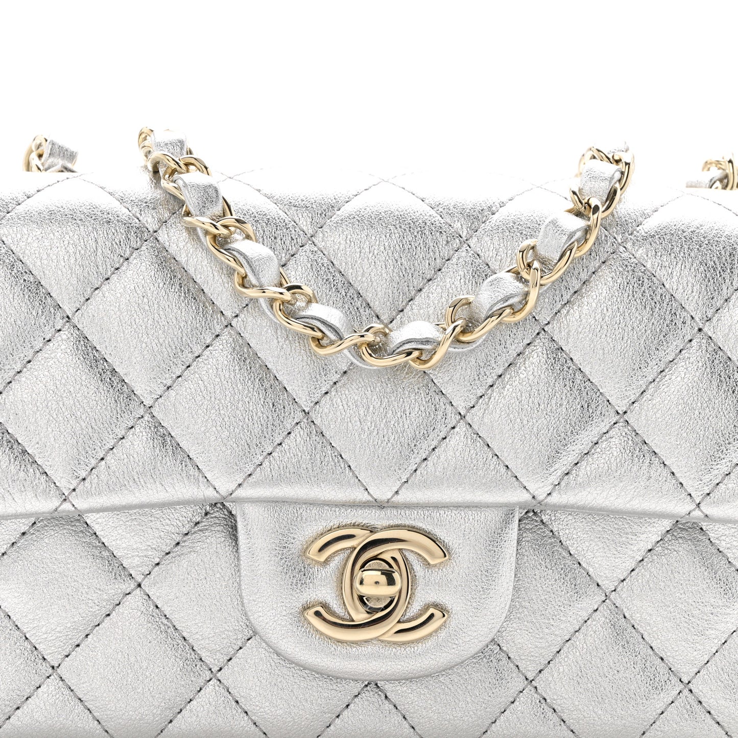 Metallic Calfskin Quilted Mini Rectangular Flap Silvery