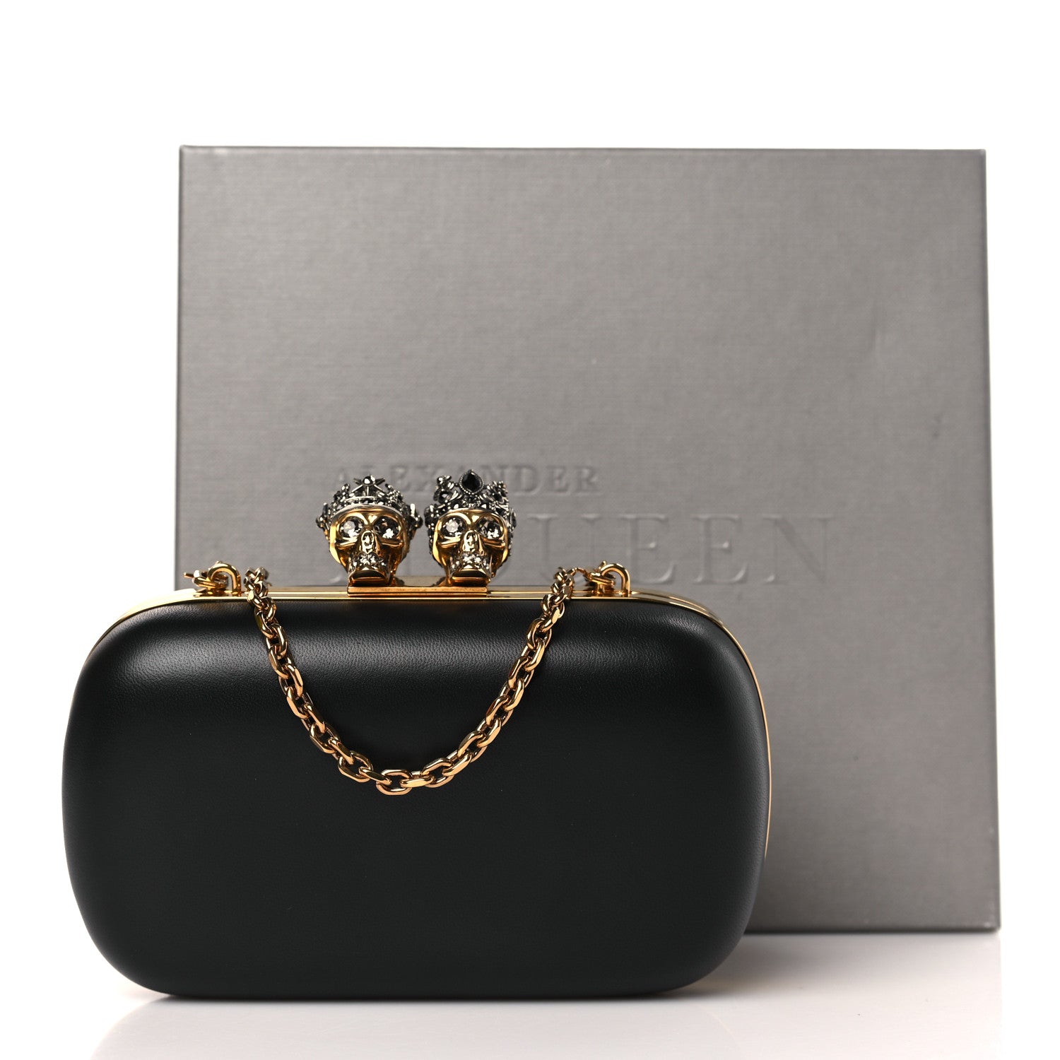 Alexander McQueen Nappa Queen and King Skull Box Chain Clutch
