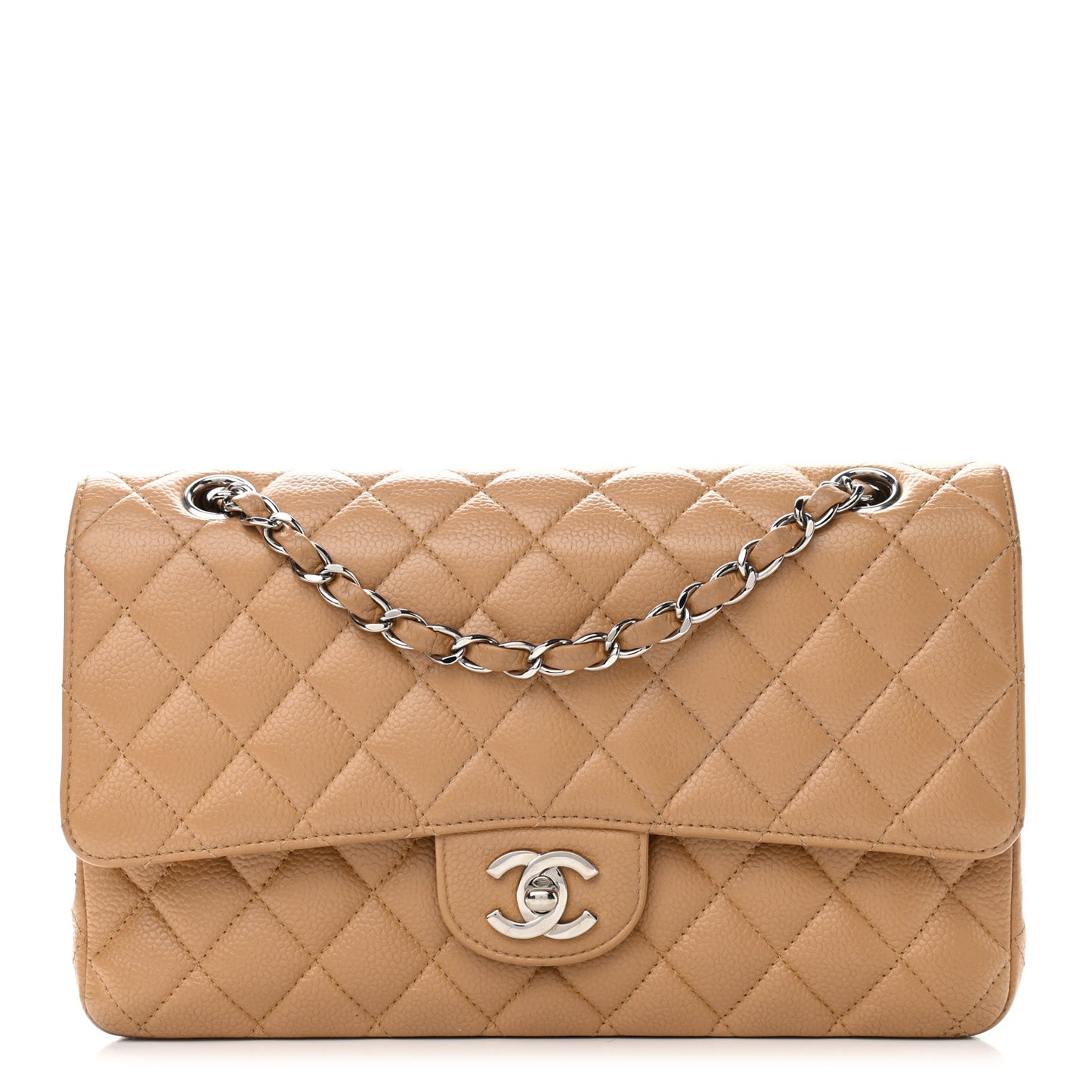 Caviar Quilted Medium Double Flap Beige