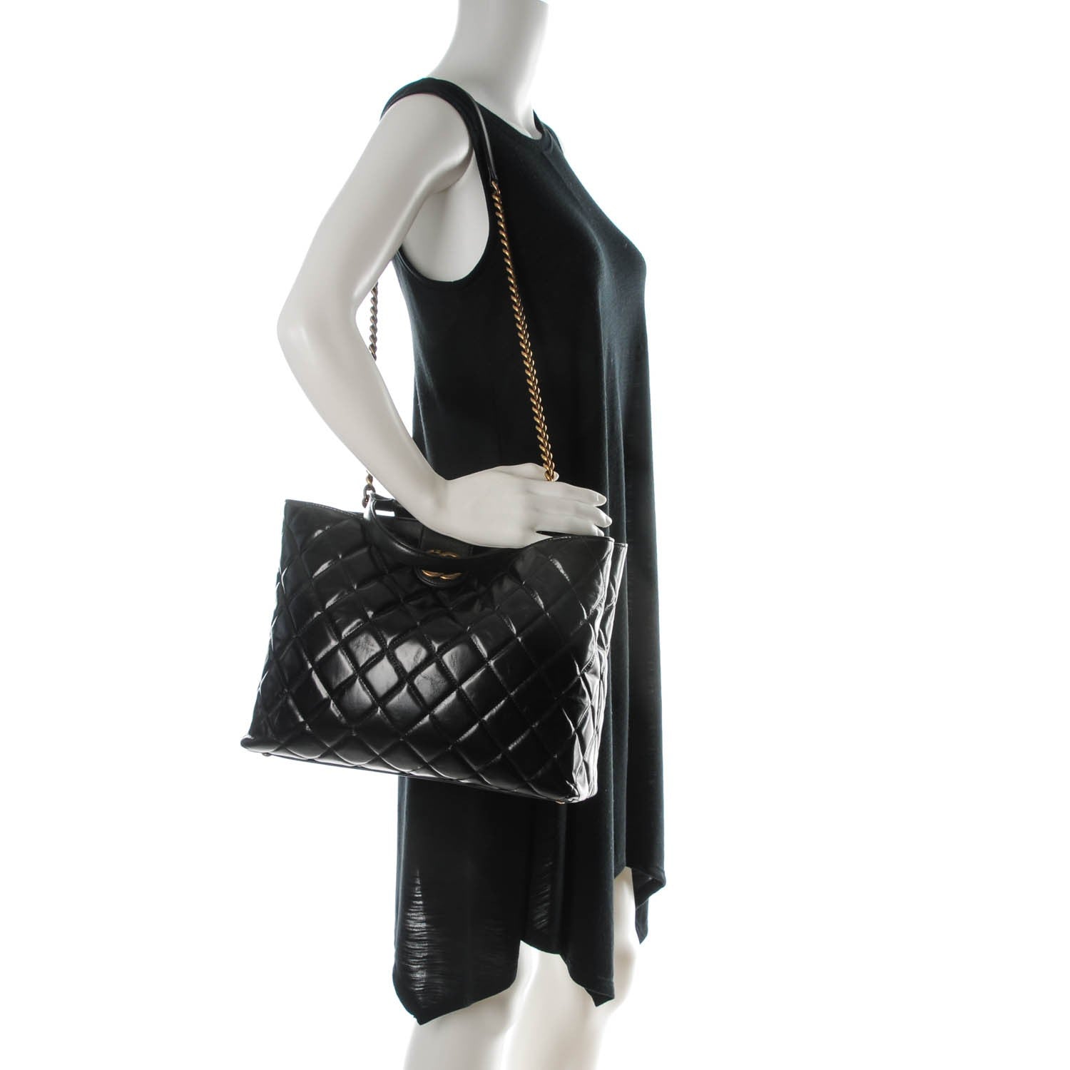Chanel Calfskin Quilted Large Gold Bar Top Handle Tote Black 2 of 7