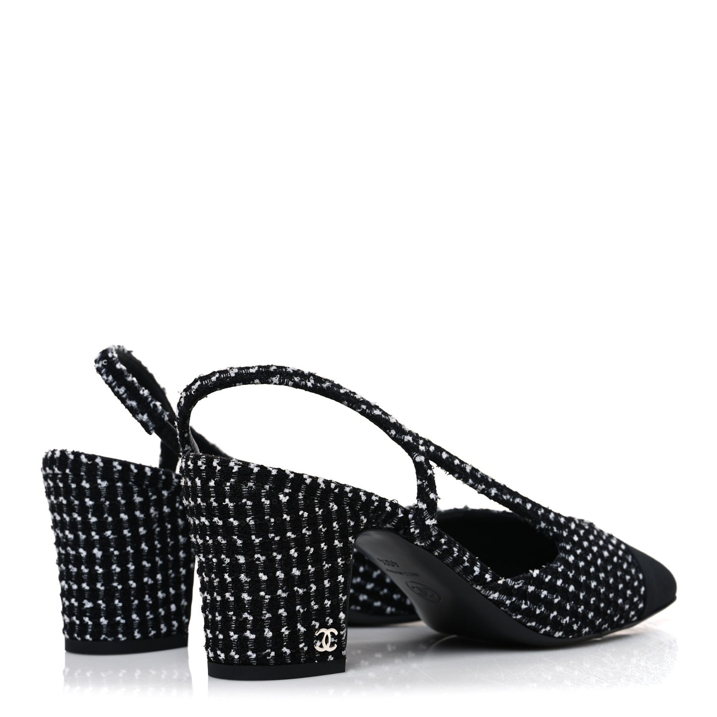 Tweed Grosgrain Cap Toe CC Slingback Pumps 40.5 Black White