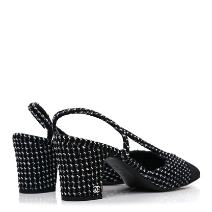 Chanel Tweed Grosgrain Cap Toe CC Slingback Pumps 40.5 Black White 5 of 11