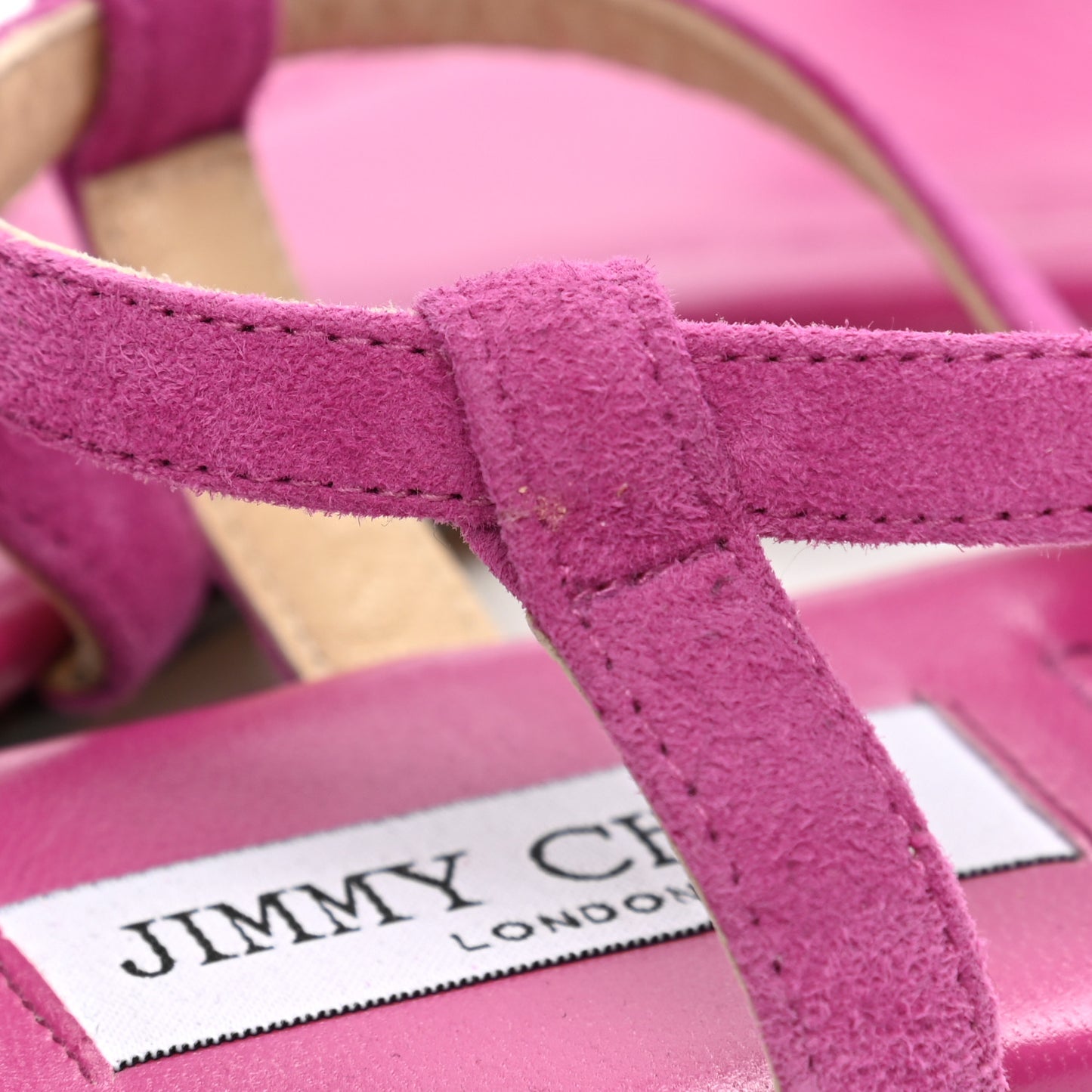 Suede Crystal T-Strap Flat Sandals 40 Magenta
