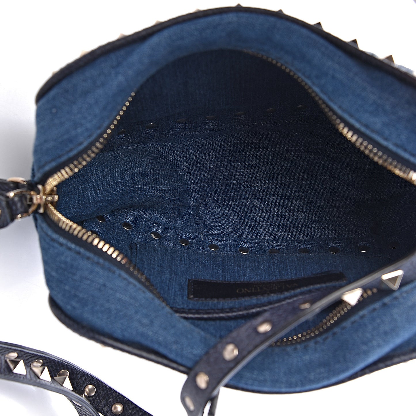 Denim Butterfly Embroidered Rockstud Camera Crossbody Bag Light Denim Multicolor