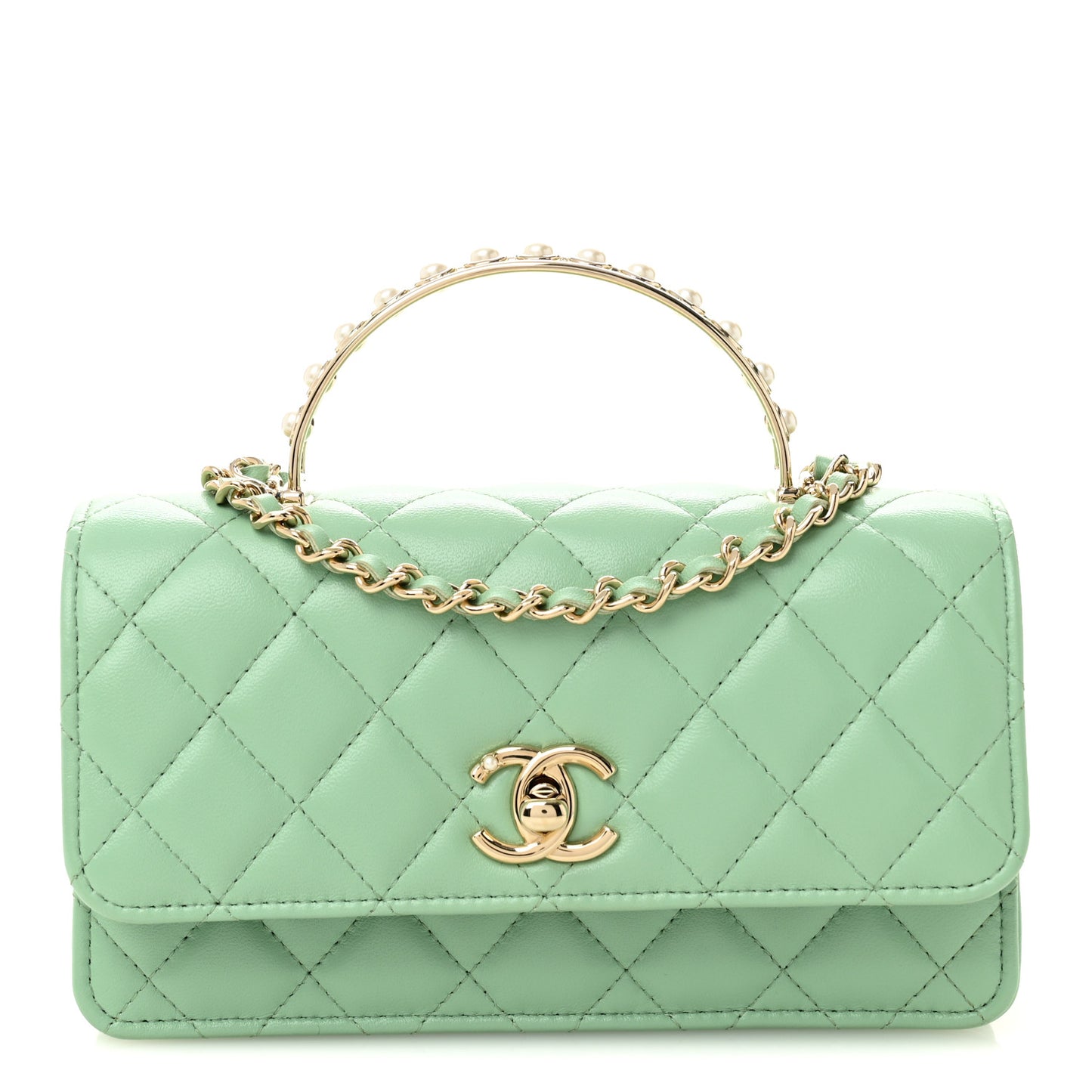 Lambskin Quilted Pearl Top Handle Clutch With Chain Light Green