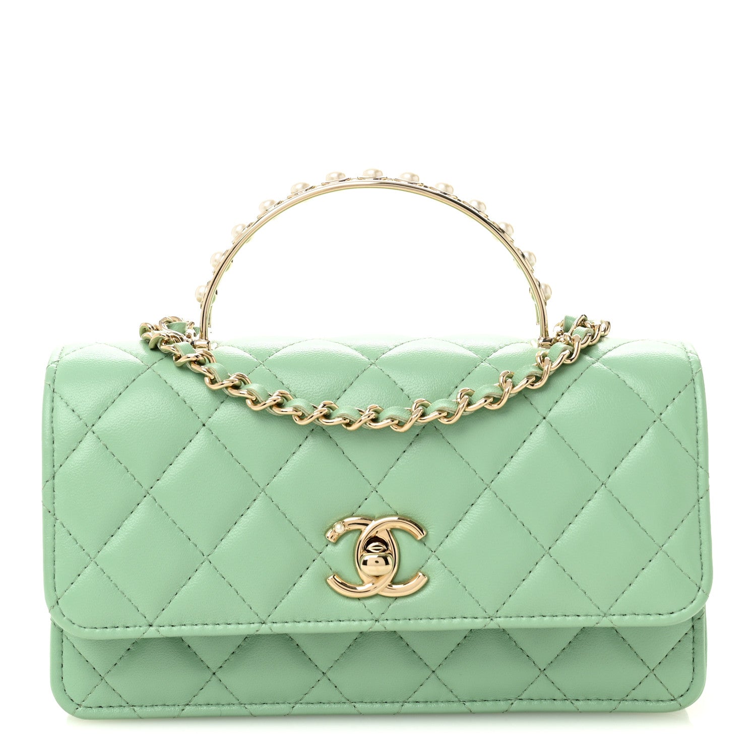 Chanel Lambskin Quilted Pearl Top Handle Clutch With Chain Light Green 1 of 12