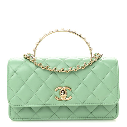 Chanel Lambskin Quilted Pearl Top Handle Clutch With Chain Light Green 1 of 12