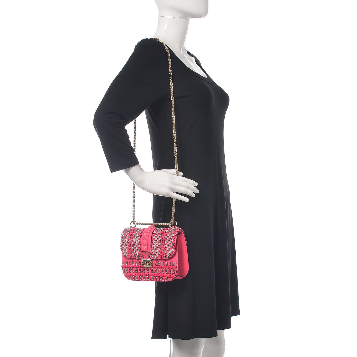 Valentino Garavani Vitello Crystal Small Glam Lock Rockstud Flap Fuxia Fluo 2 of 10