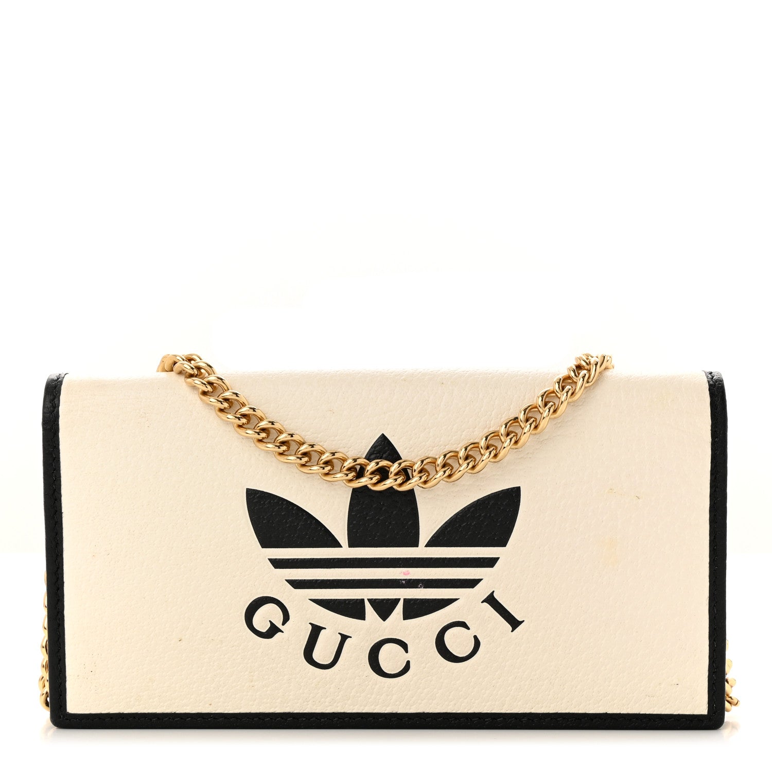 Gucci X ADIDAS Textured Dollar Calfskin Trefoil Embossed Wallet On Chain Off White Black 1 of 17