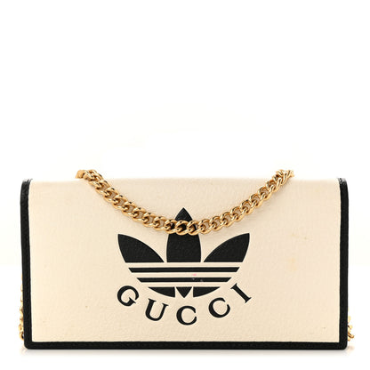 Gucci X ADIDAS Textured Dollar Calfskin Trefoil Embossed Wallet On Chain Off White Black 1 of 17