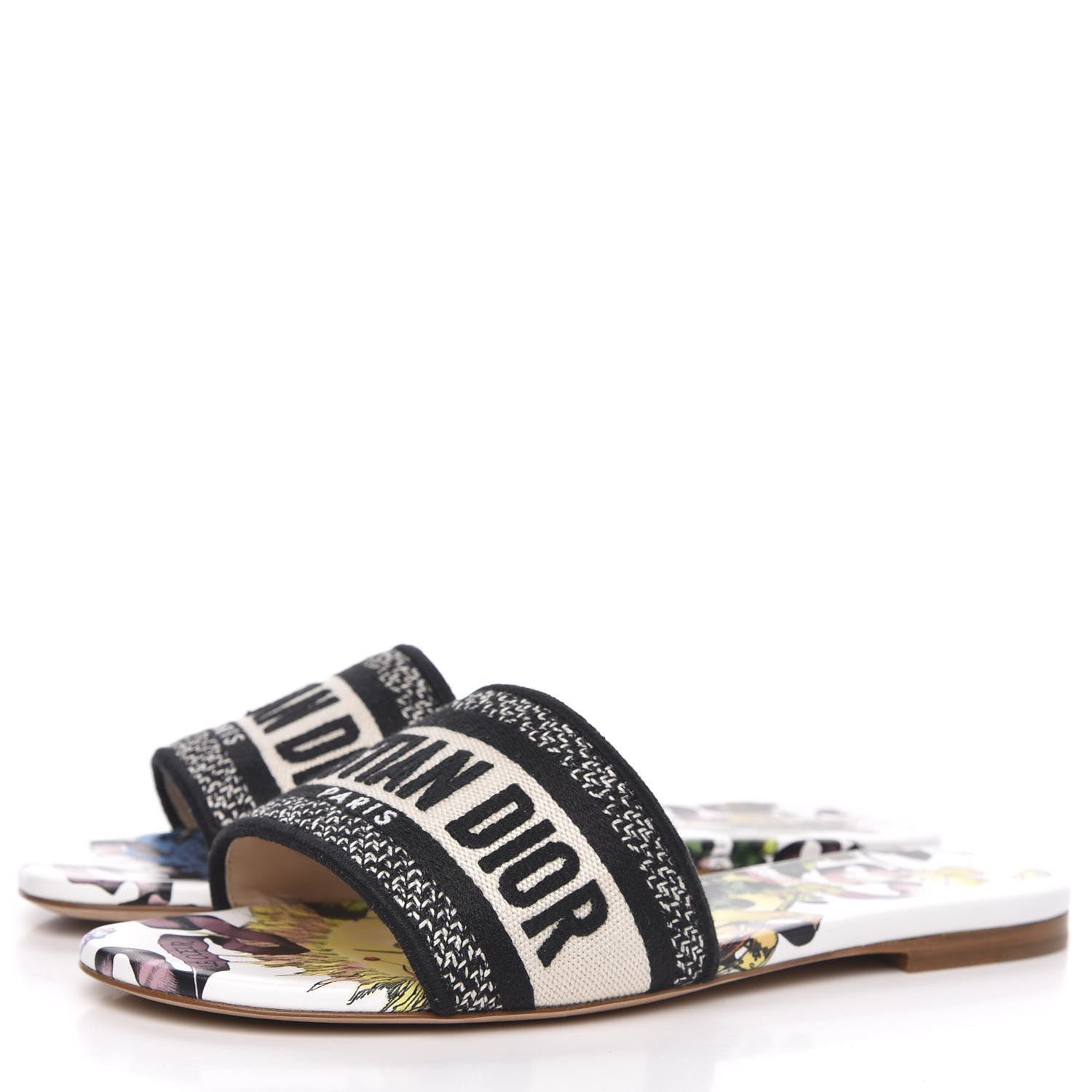 Christian Dior Canvas Le Coeur En Fleurs Embroidered Dway Flat Slide Sandals 36 Cream Black Multicolor 3 of 9