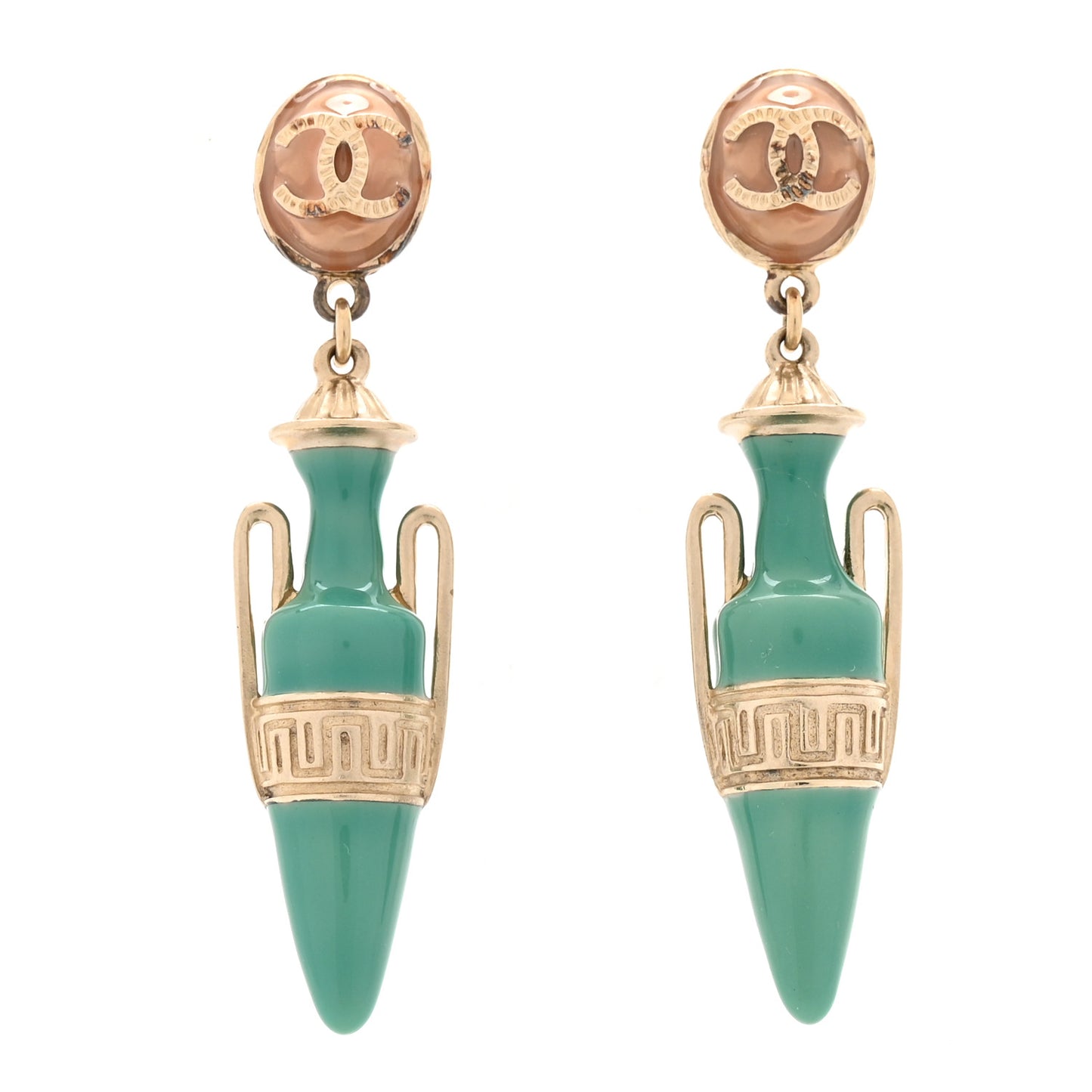 Metal Enamel CC Greek Urn Vase Amphora Drop Earrings Blue Pink Gold