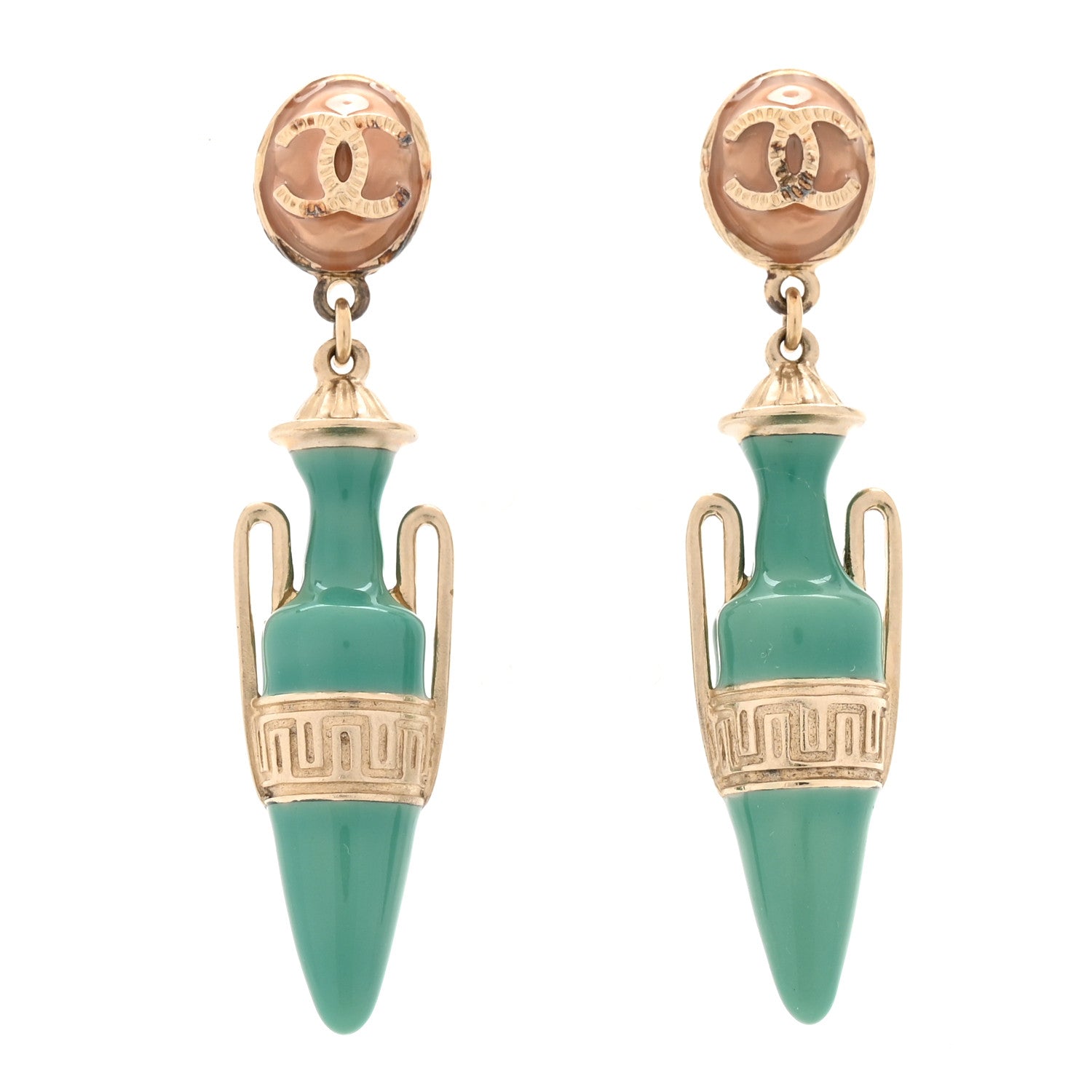 Chanel Metal Enamel CC Greek Urn Vase Amphora Drop Earrings Blue Pink Gold 1 of 6