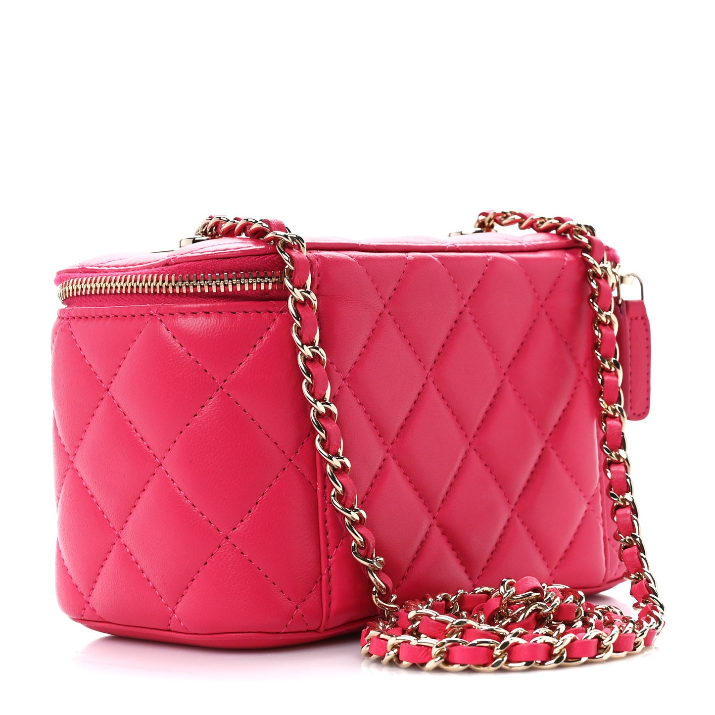 Lambskin Quilted Trendy Small Vanity Case With Chain Dark Pink