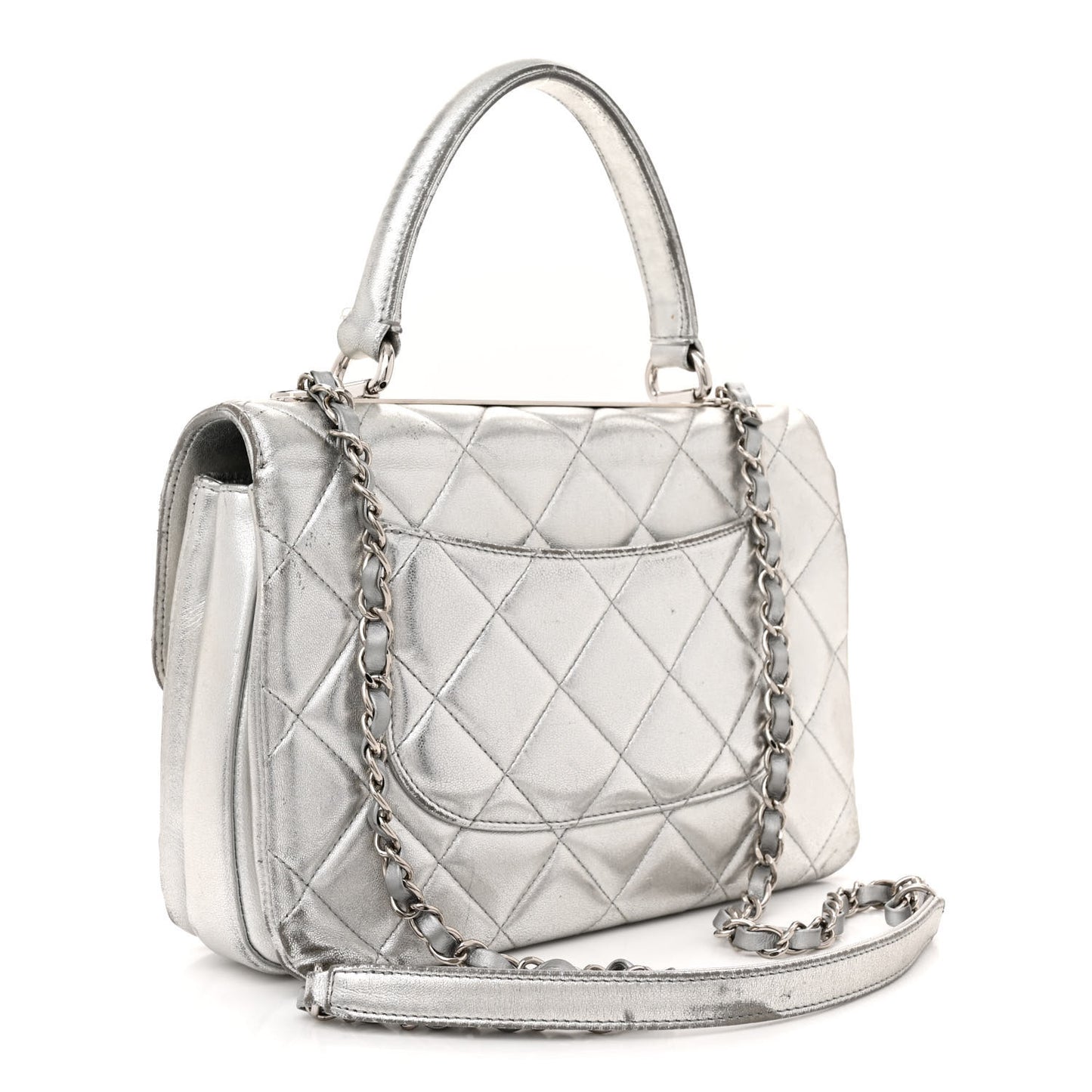 Metallic Lambskin Quilted Small Trendy CC Flap Dual Handle Bag Silver