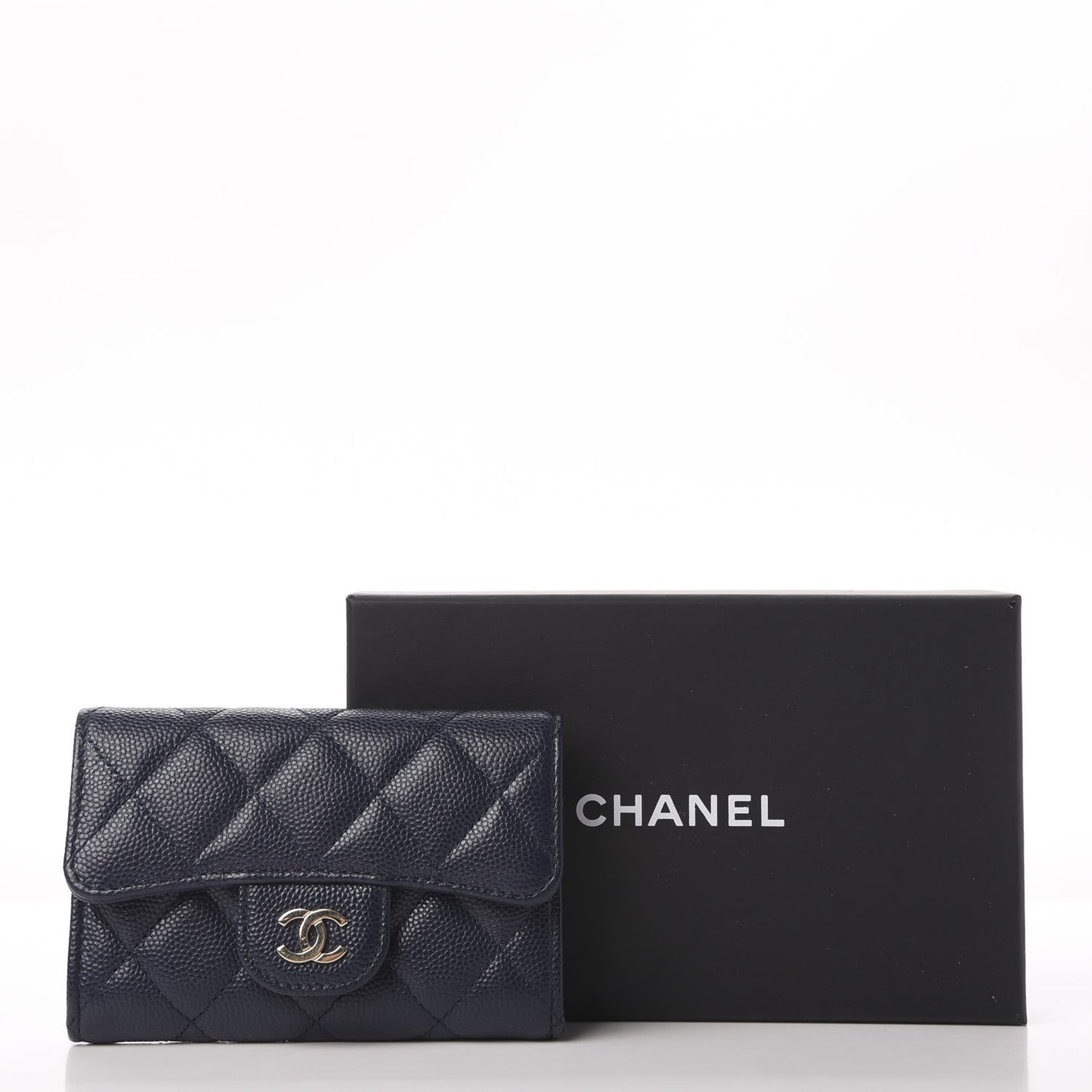Caviar Quilted Flap Card Holder Wallet Navy Blue