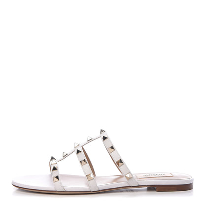 Valentino Garavani Nappa Rockstud Caged Flat Slide Sandals 37 Bianco Ottico 1 of 9