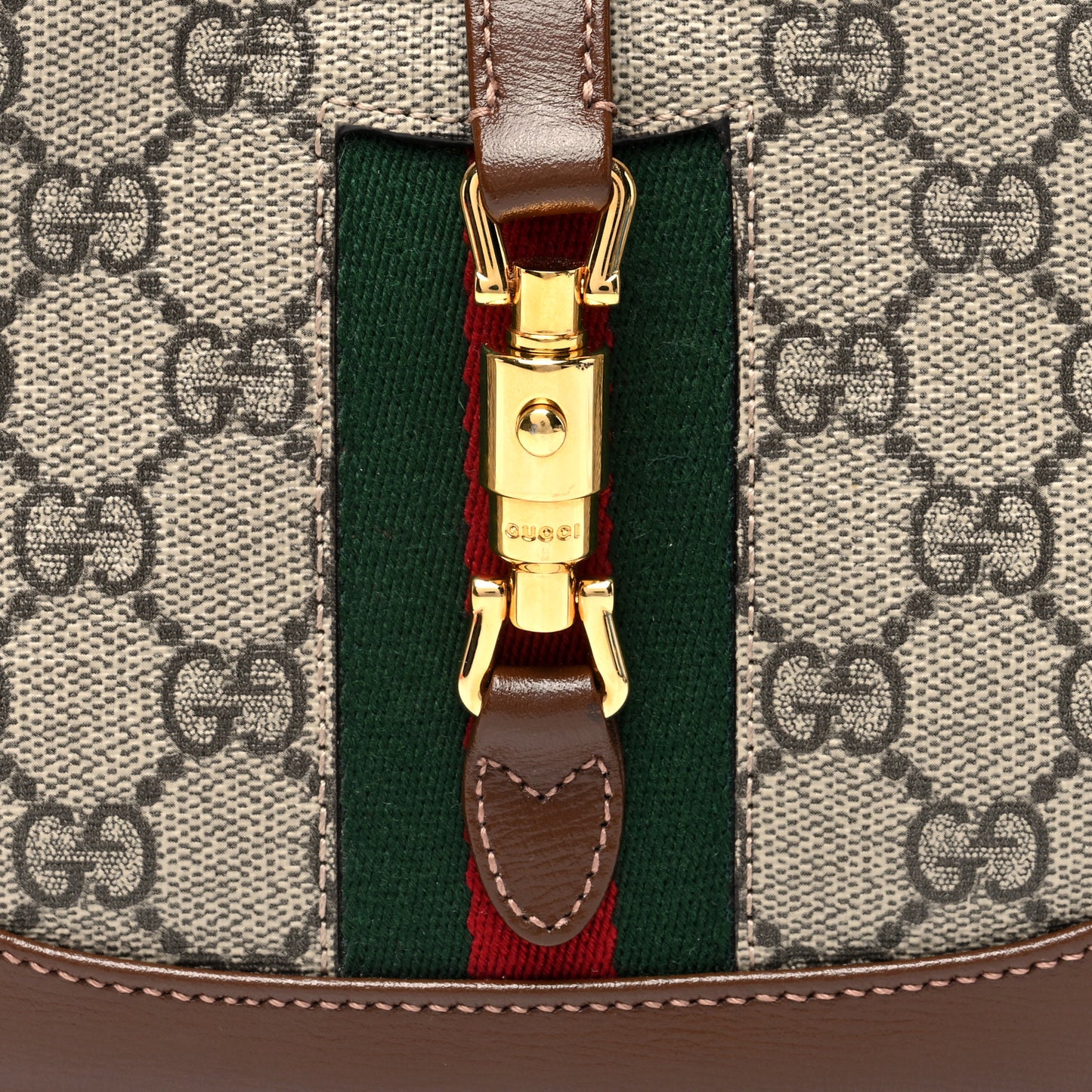 GG Supreme Monogram Azalea Calfskin Web Mini Jackie 1961 Hobo Beige Ebony Brown Sugar