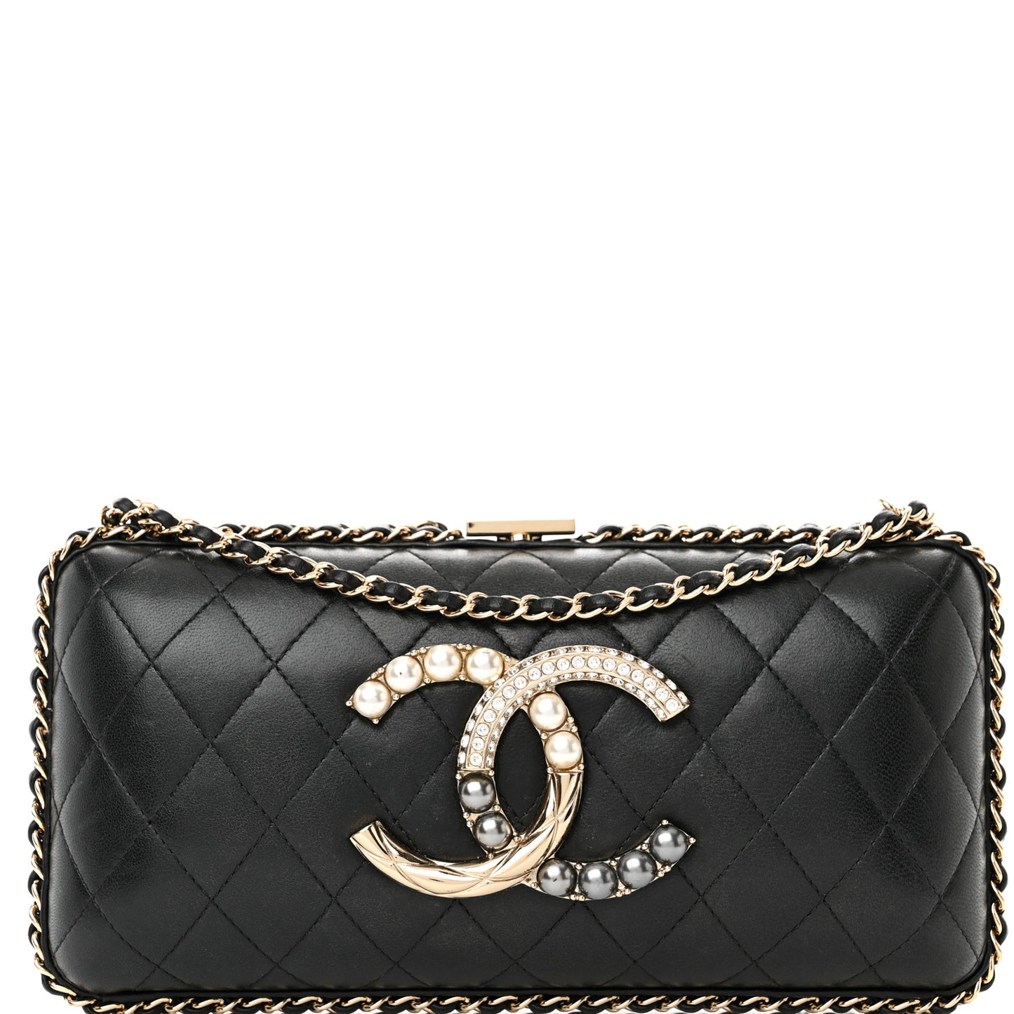 Lambskin Quilted Pearl Crystal Chain Around Clutch Black