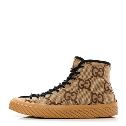 Gucci Monogram Jumbo GG New Lace Papin Mens Tortuga High Top Sneakers 10 Camel Ebony Black 1 of 9