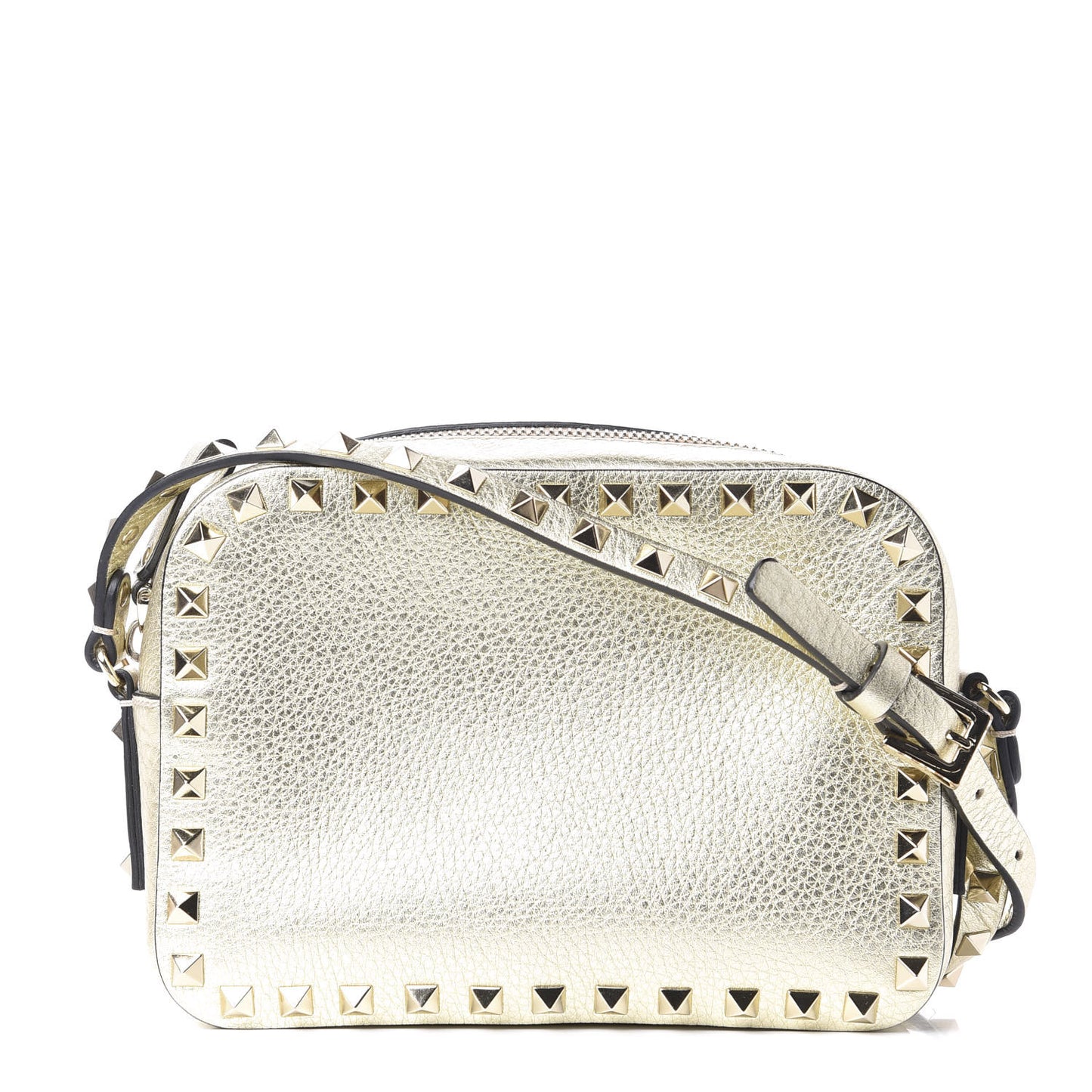 Metallic Pebbled Calfskin Rockstud Camera Crossbody Bag Platino