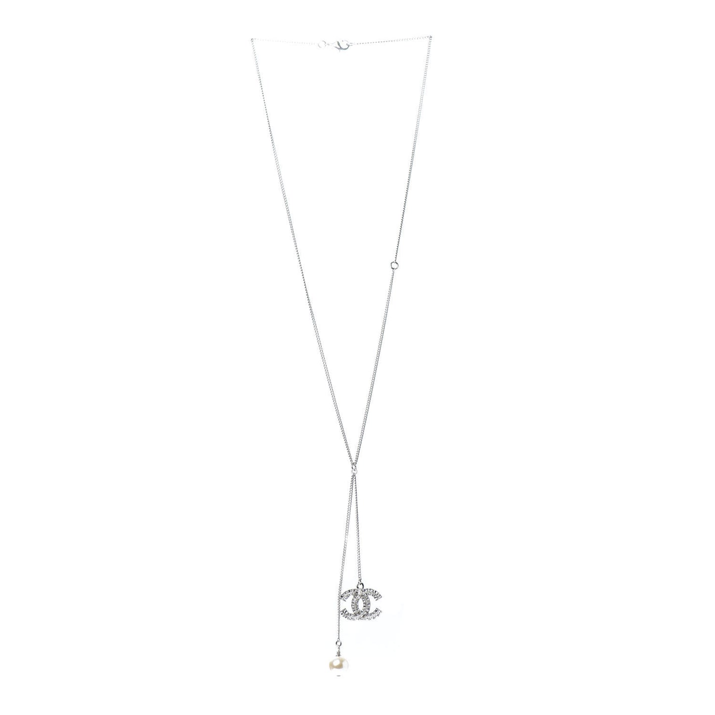 Baguette Crystal Pearl CC Lariat Necklace Silver