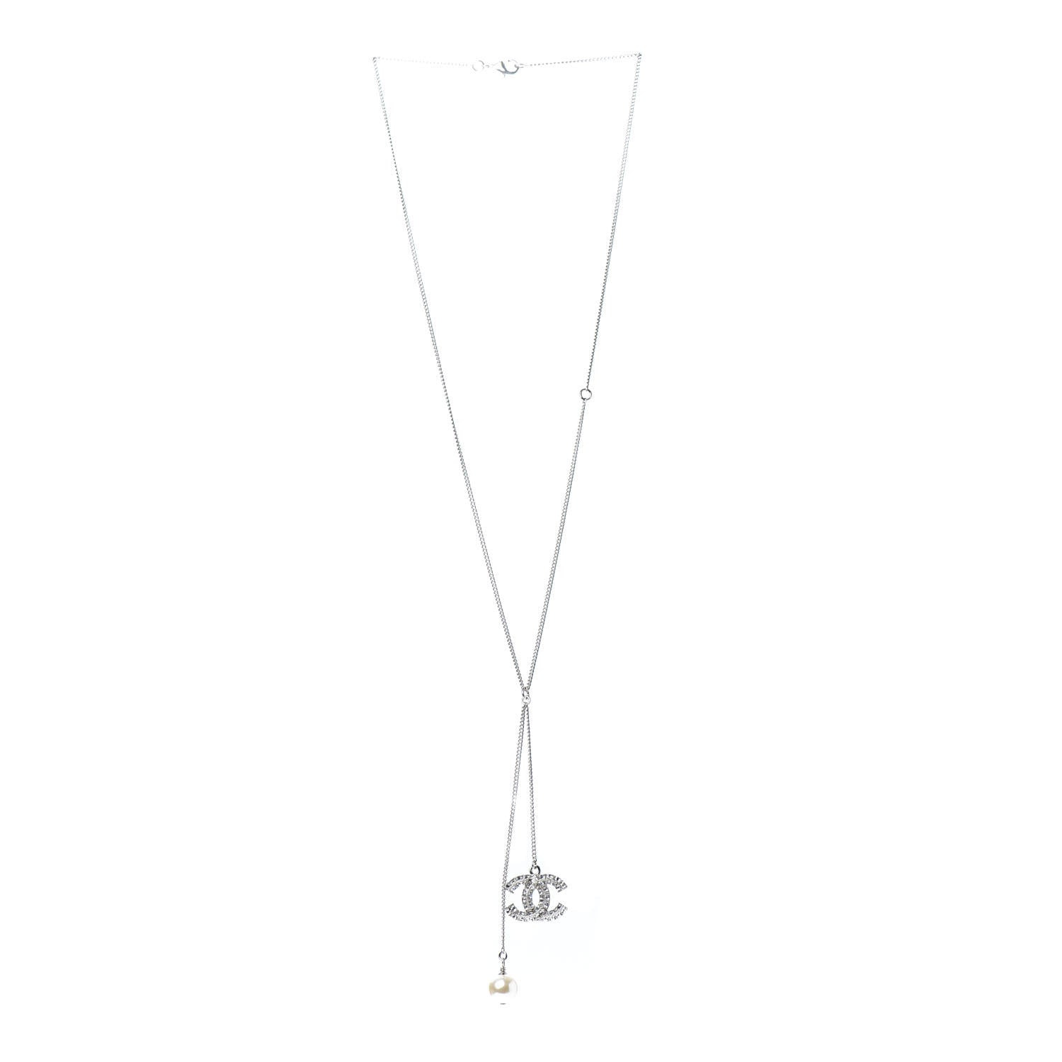 Chanel Baguette Crystal Pearl CC Lariat Necklace Silver 3 of 6