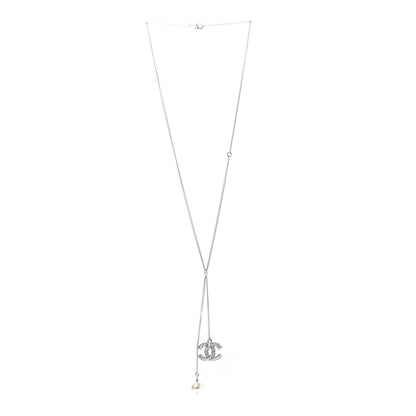 Chanel Baguette Crystal Pearl CC Lariat Necklace Silver 3 of 6