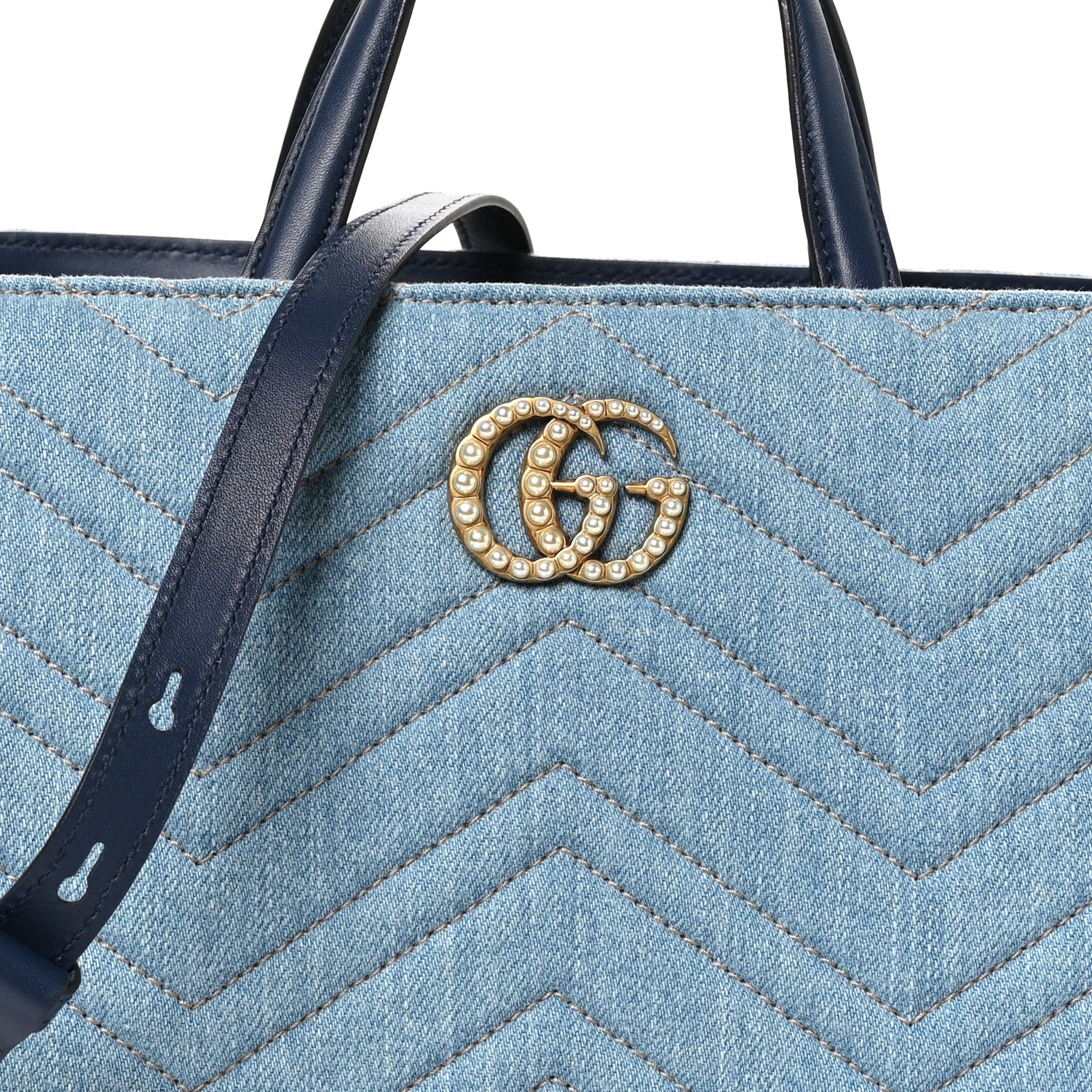 Gucci Denim Matelasse Small Pearly GG Marmont Tote Blue 8 of 10