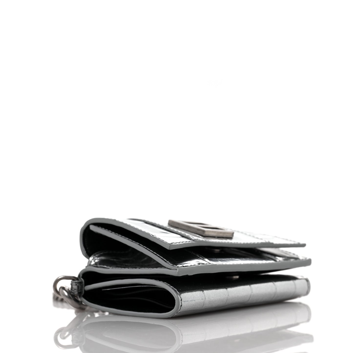 Metallic Calfskin Crocodile Embossed Mini Hourglass Wallet on Chain Silver