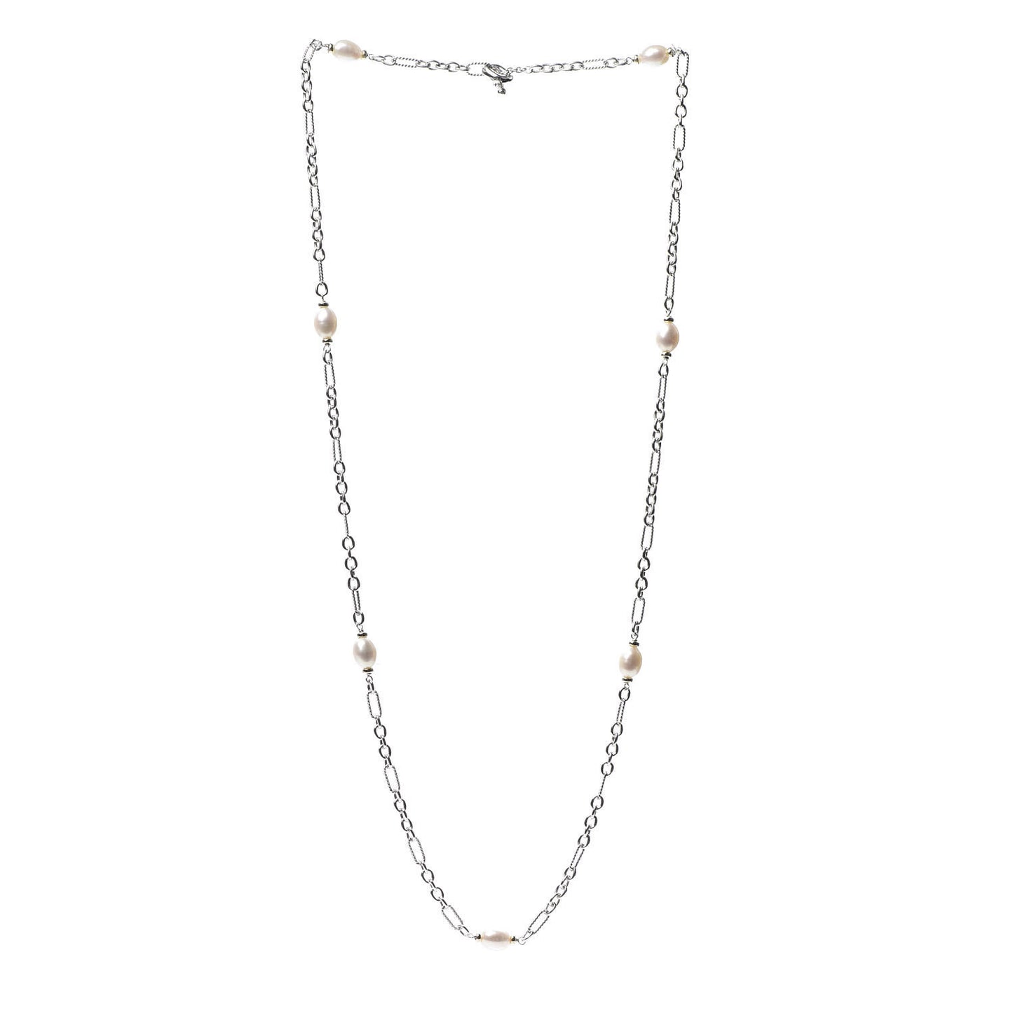 Sterling Silver 18K Yellow Gold Baroque Pearl Long Figaro Chain Necklace