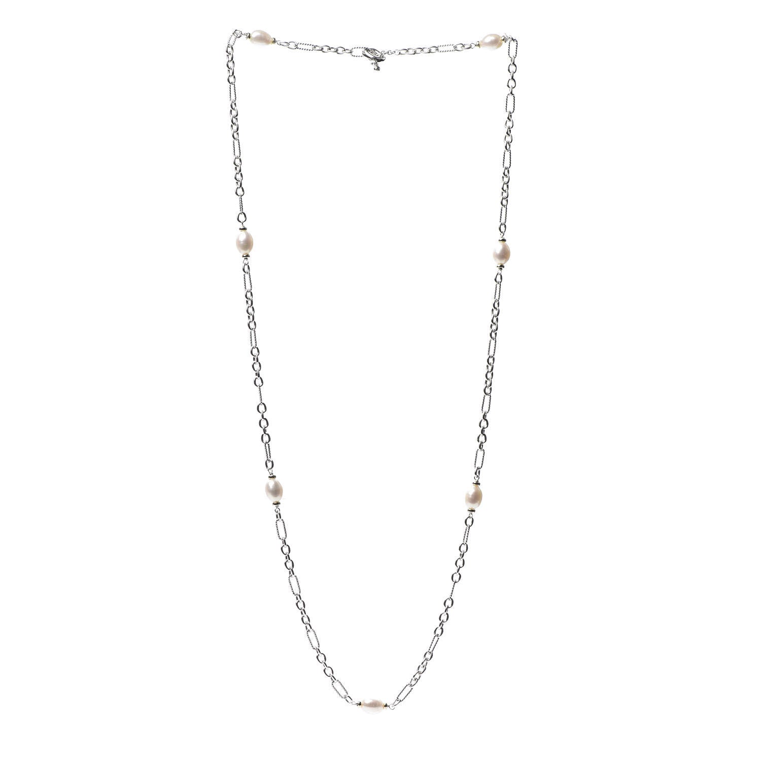 David Yurman Sterling Silver 18K Yellow Gold Baroque Pearl Long Figaro Chain Necklace 3 of 5