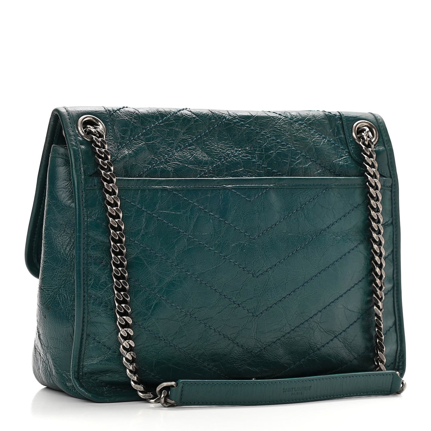 Crinkled Calfskin Matelasse Monogram Medium Niki Chain Satchel Peacock Green