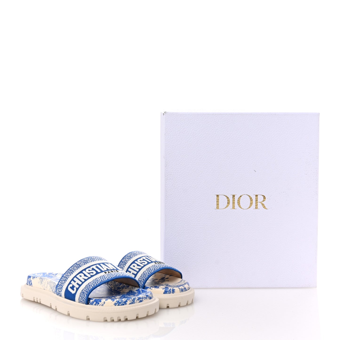 Canvas Toile de Jouy Embroidered Dway 10mm Slide Sandals 39 Off White Blue