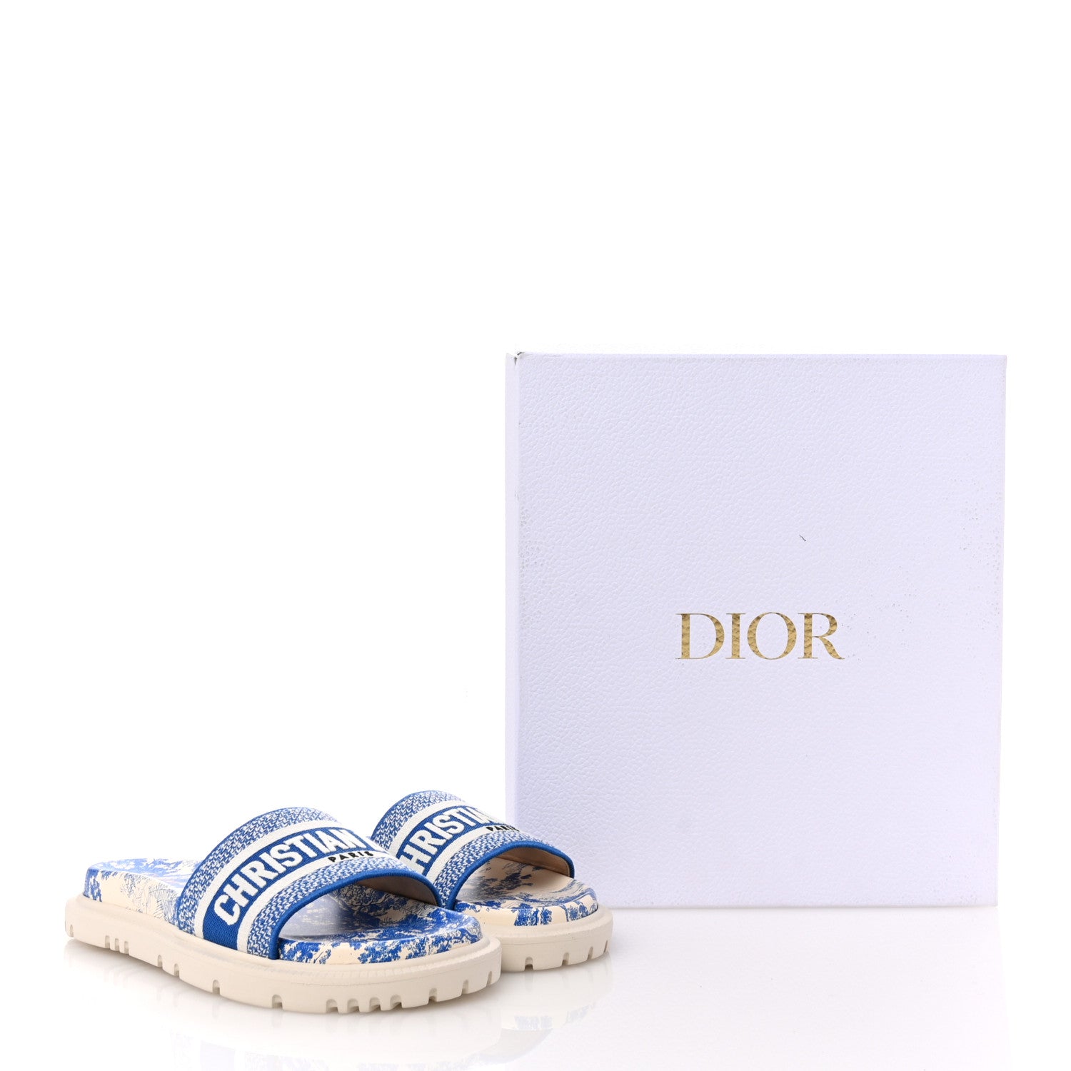 Christian Dior Canvas Toile de Jouy Embroidered Dway 10mm Slide Sandals 39 Off White Blue 10 of 10